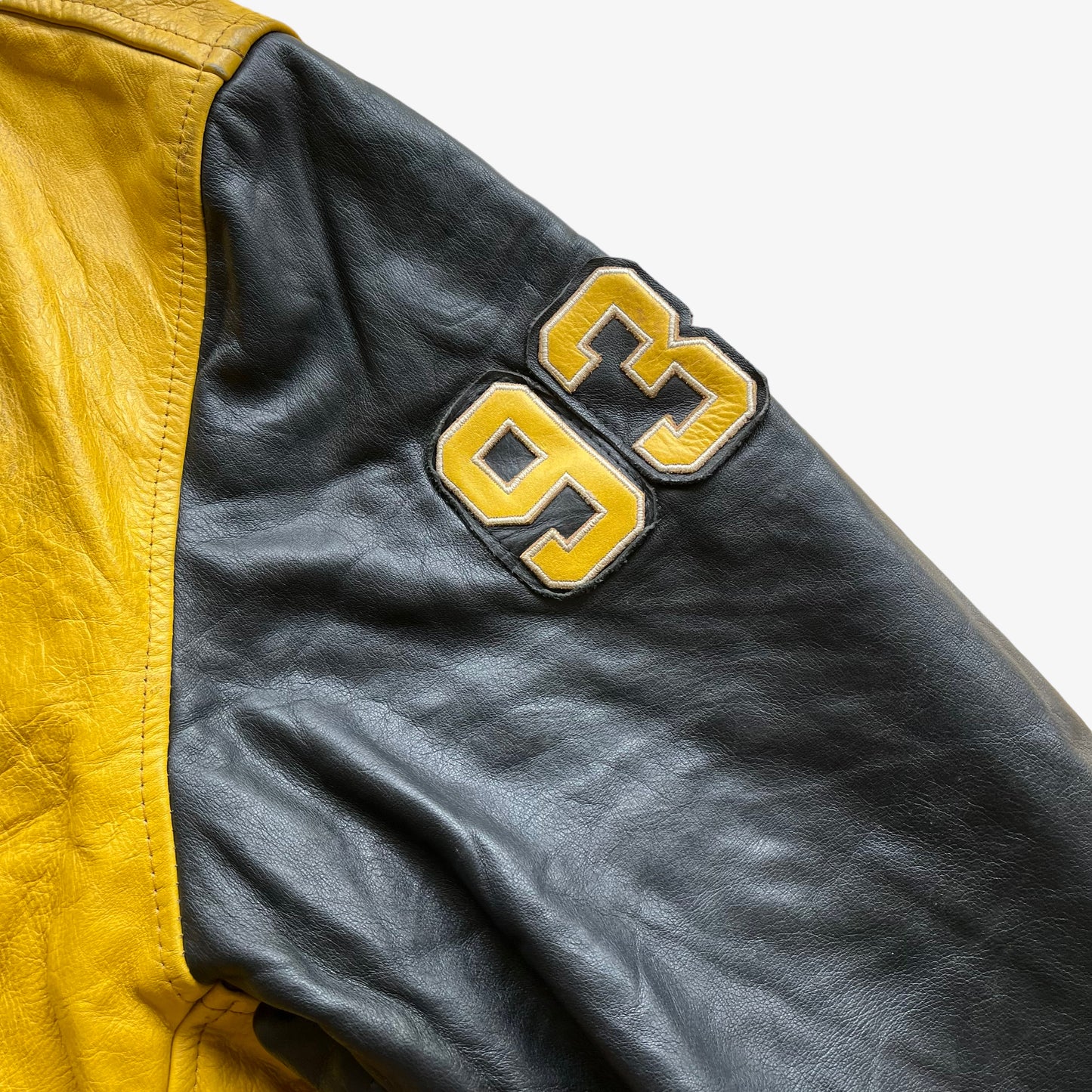 Vintage 90s Redskins Yellow & Black Leather Varsity Jacket Badge - Casspios Dream