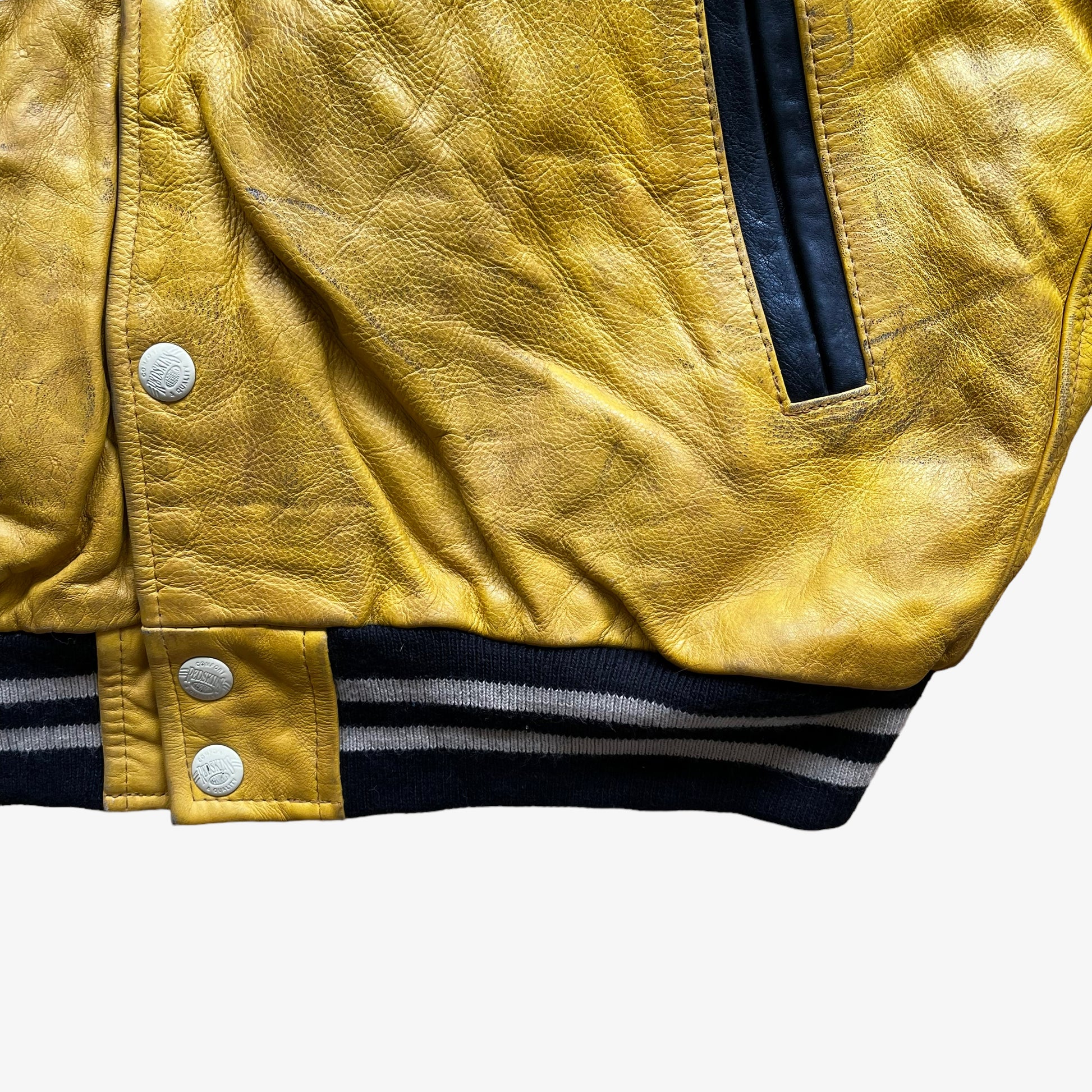 Vintage 90s Redskins Yellow & Black Leather Varsity Jacket Button - Casspios Dream