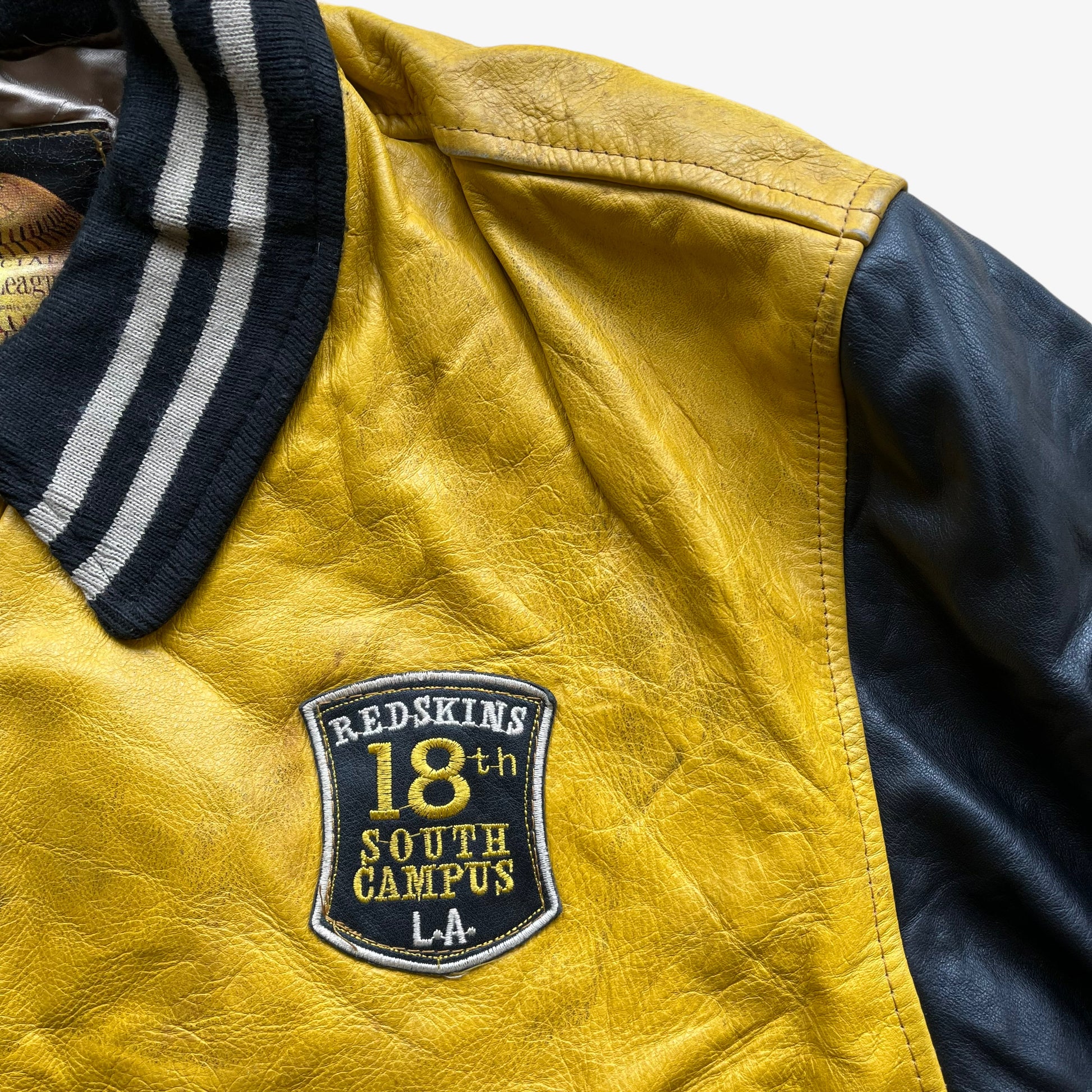 Vintage 90s Redskins Yellow & Black Leather Varsity Jacket Crest - Casspios Dream