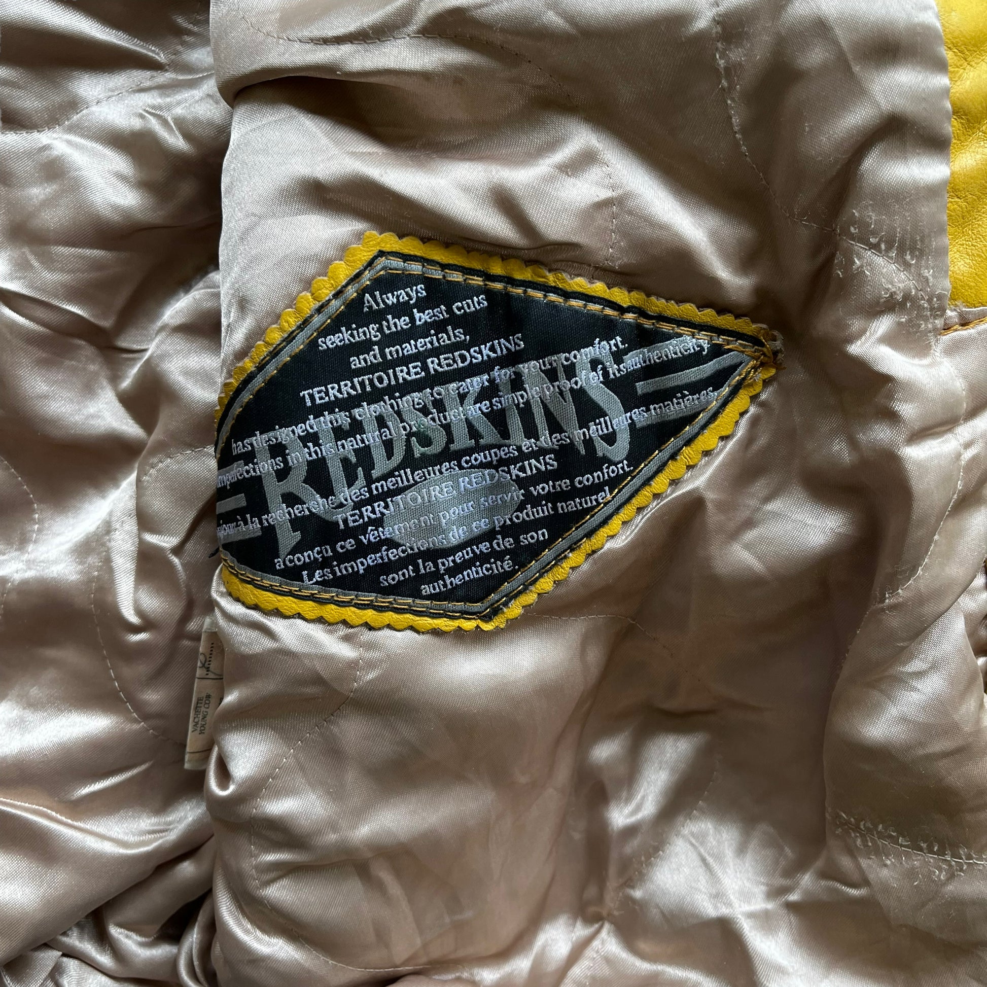 Vintage 90s Redskins Yellow & Black Leather Varsity Jacket Inside Label - Casspios Dream
