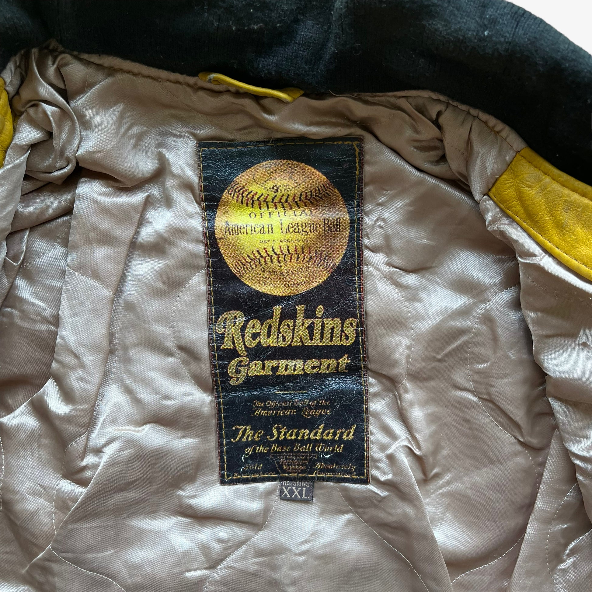 Vintage 90s Redskins Yellow & Black Leather Varsity Jacket Label - Casspios Dream