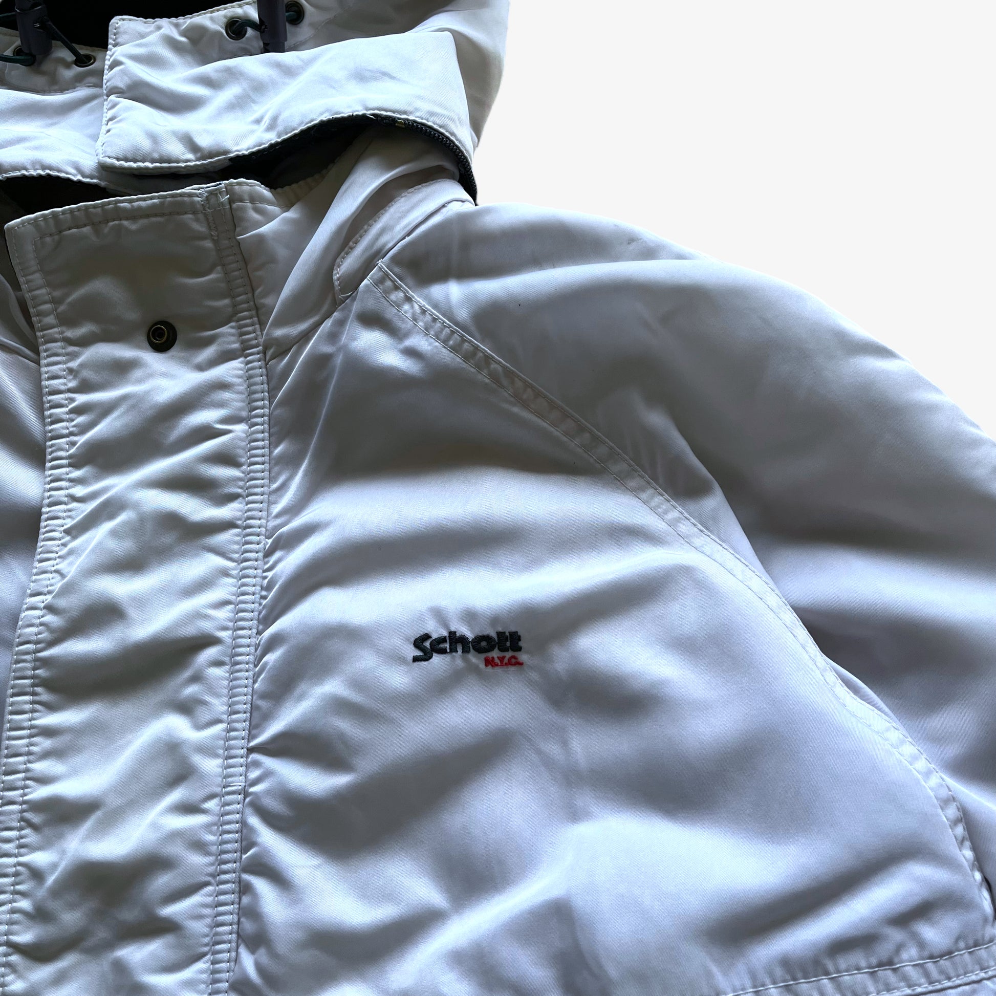 Vintage 90s Schott NYC White Hooded Coat Logo - Casspios Dream