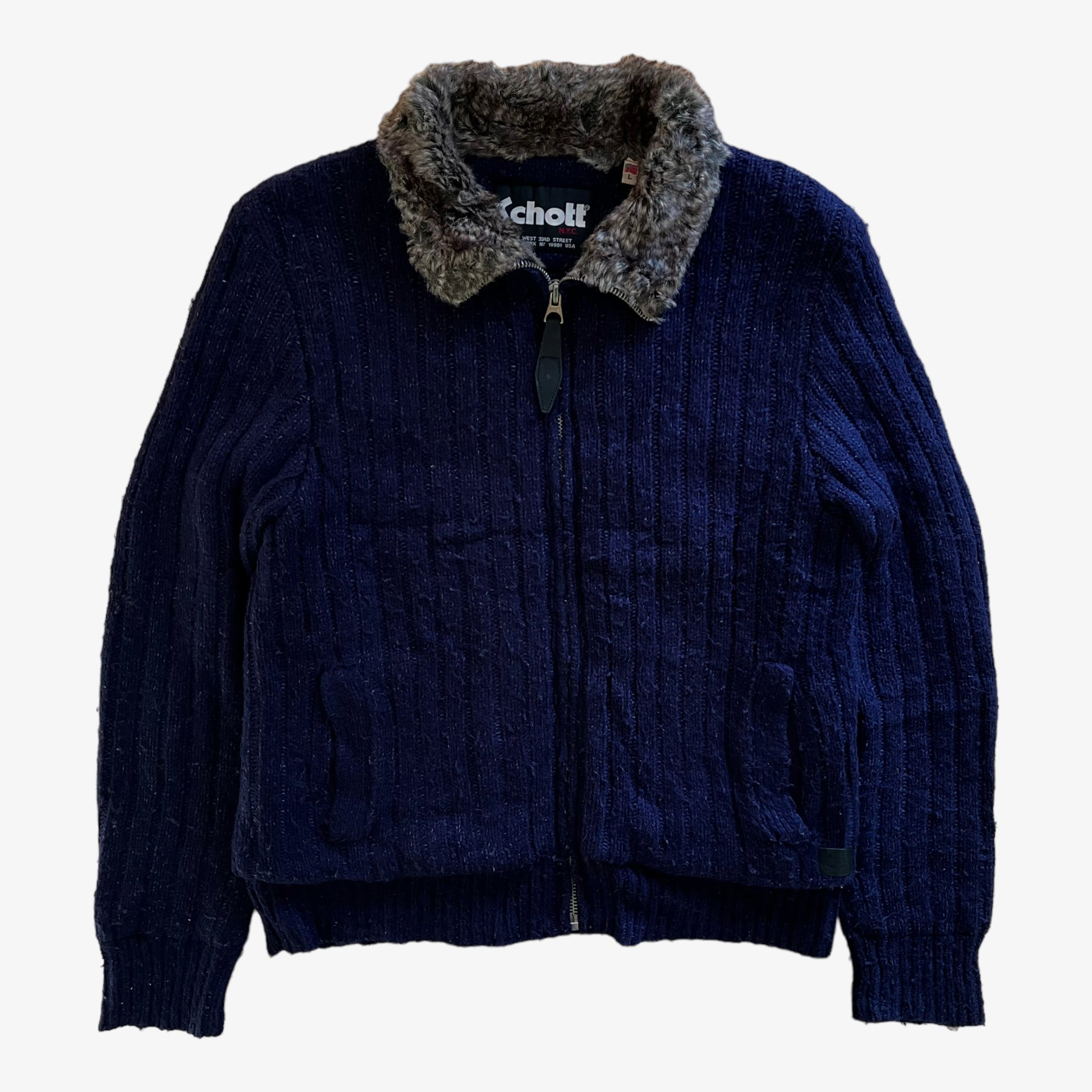 Vintage 90s Schott Navy Wool Ribbed Jacket With Fur Collar - Casspios Dream