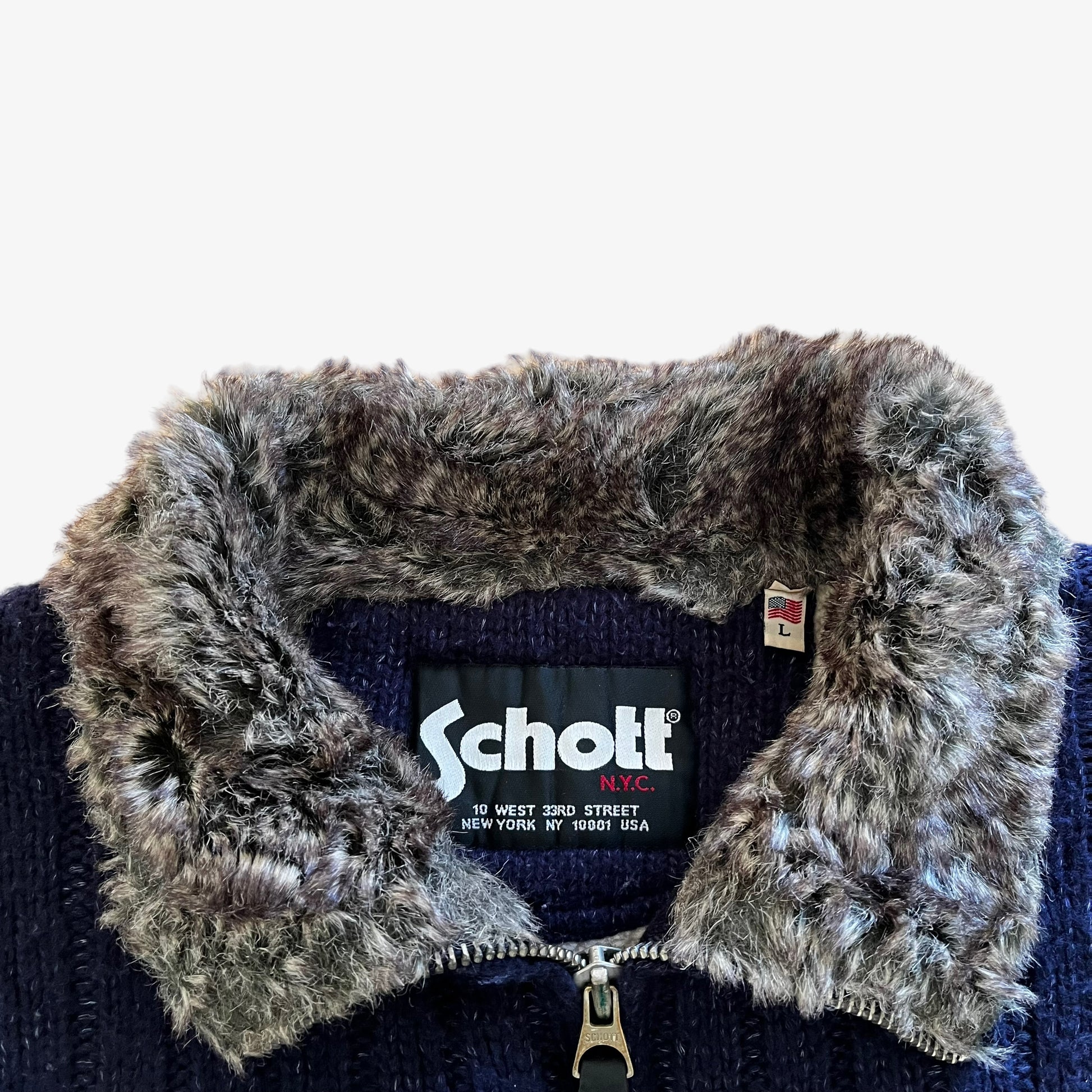 Vintage 90s Schott Navy Wool Ribbed Jacket With Fur Collar Label - Casspios Dream