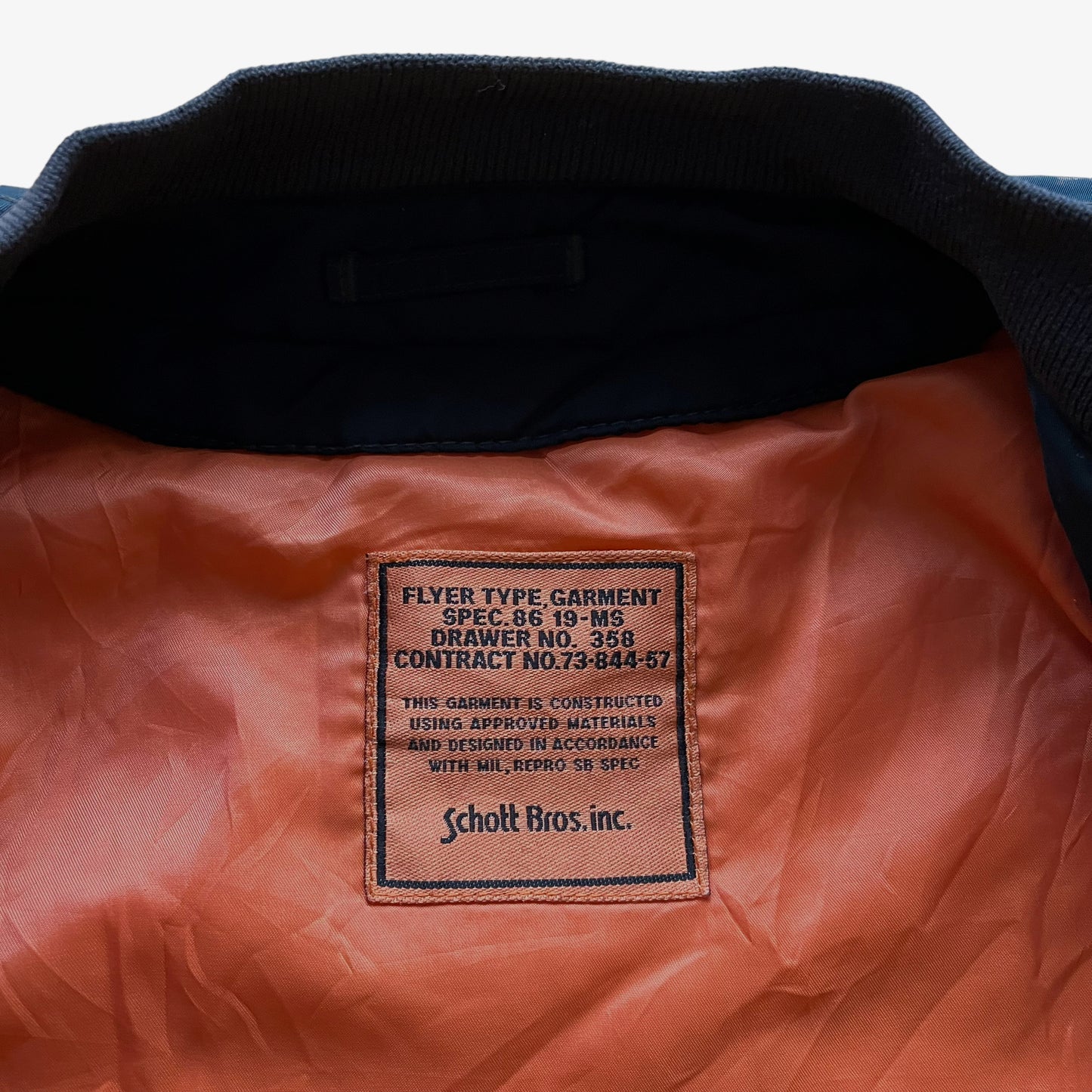 Vintage 90s Schott Spec 86 19-MS Navy Bomber Jacket Label - Casspios Dream