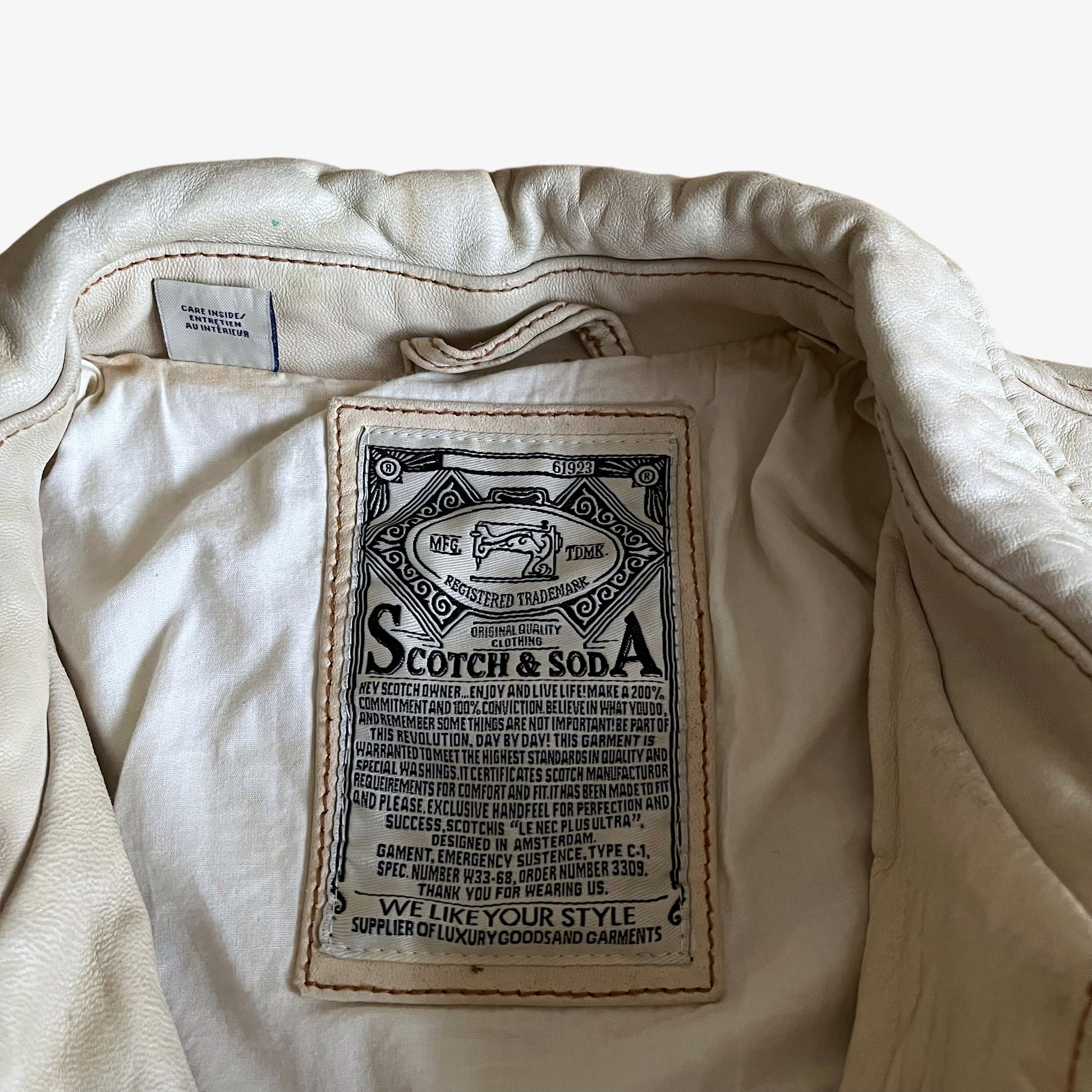 Vintage 90s Scotch And Soda Cream Leather Biker Jacket Label - Casspios Dream