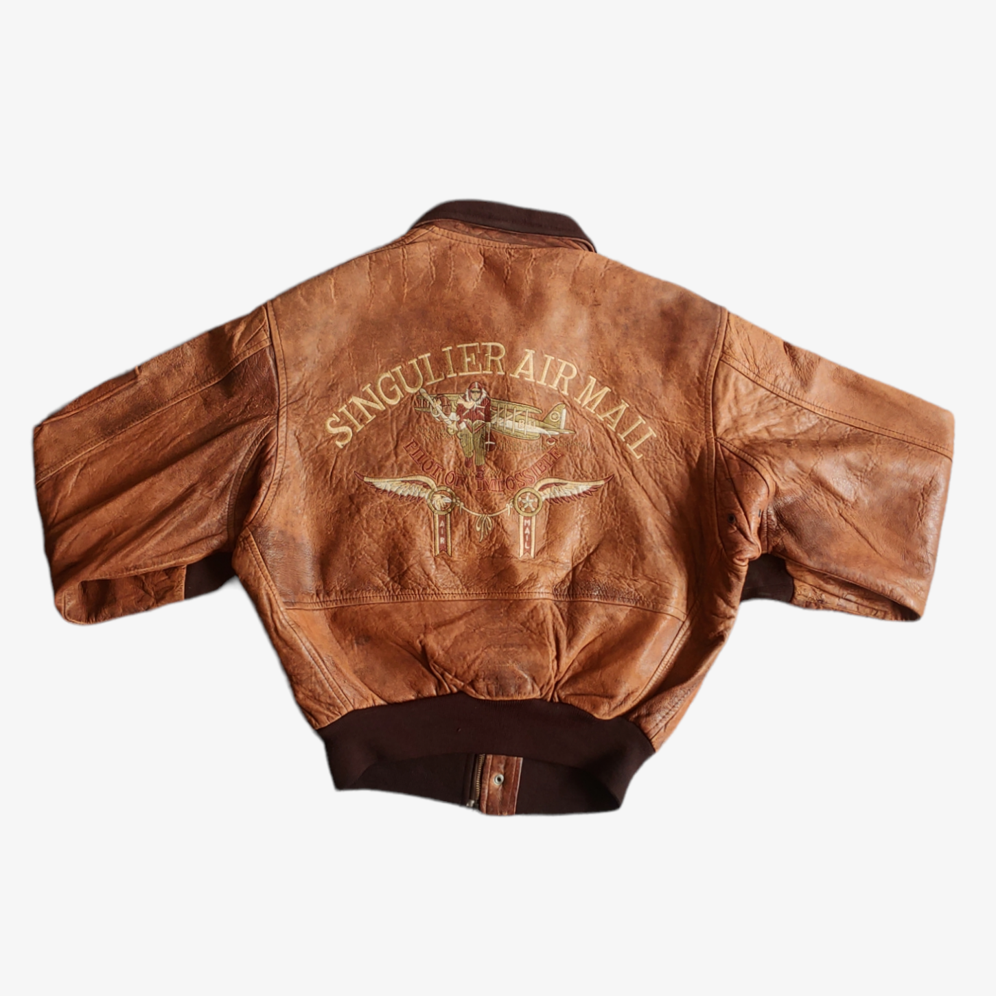 Vintage 90s Singulier Air Mail Leather Pilot Jacket Back - Casspios Dream