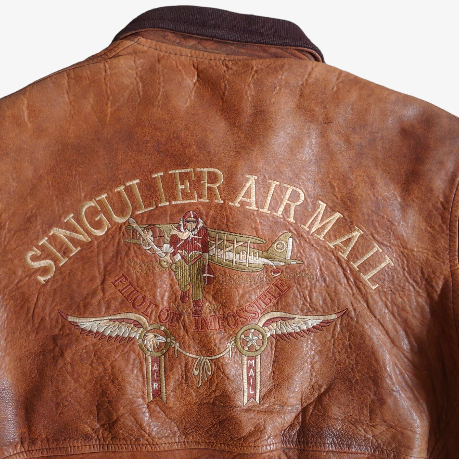 Vintage 90s Singulier Air Mail Leather Pilot Jacket Back Logo - Casspios Dream