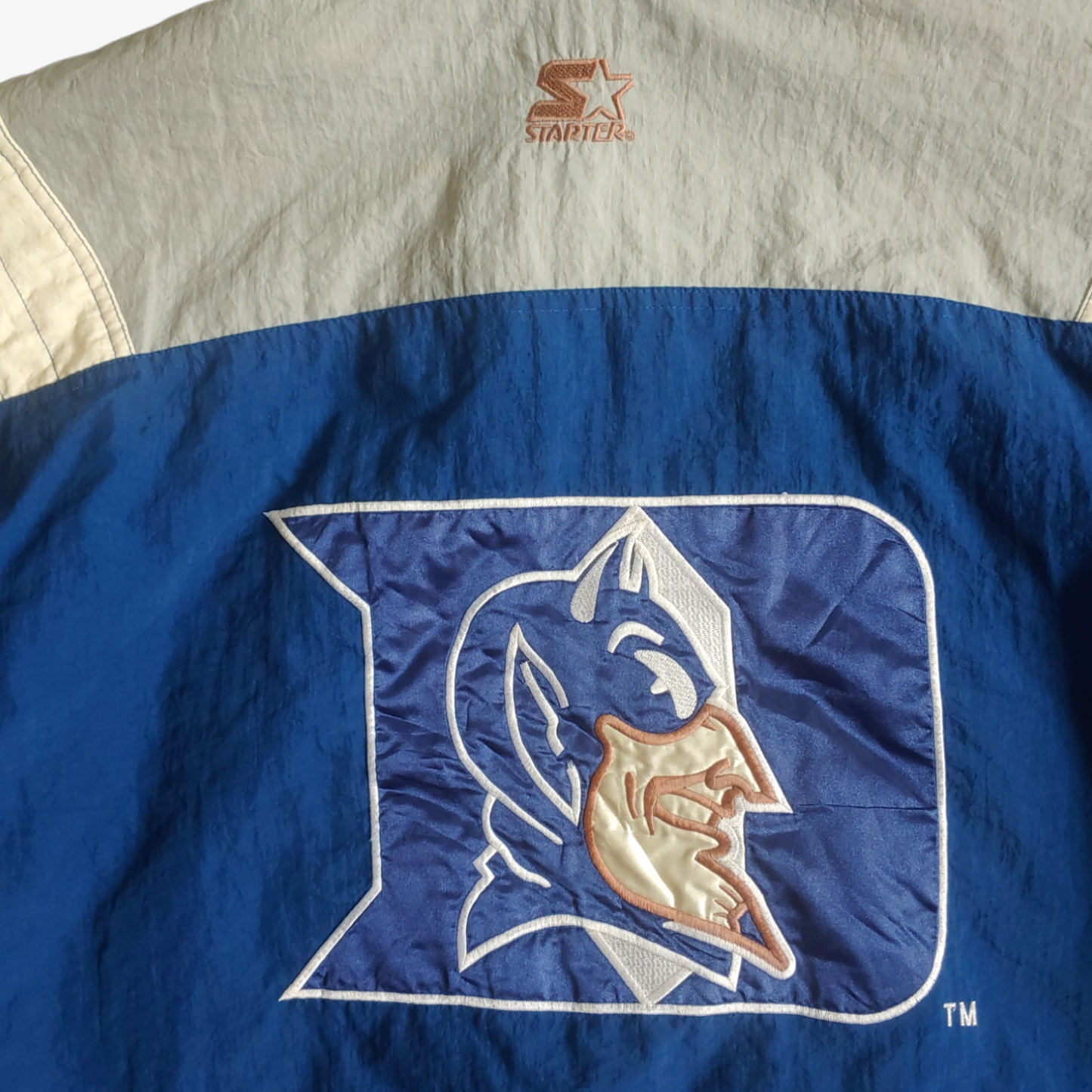Vintage 90s Starter NCAA Duke Blue Devils Jacket With Back Spell Out Logo - Casspios Dream