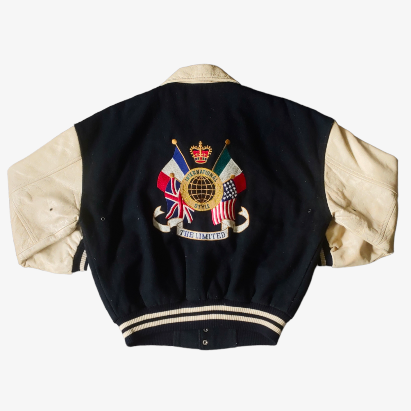 Vintage 90s The Limited International Style World Flags Leather Varsity Jacket Back - Casspios Dream