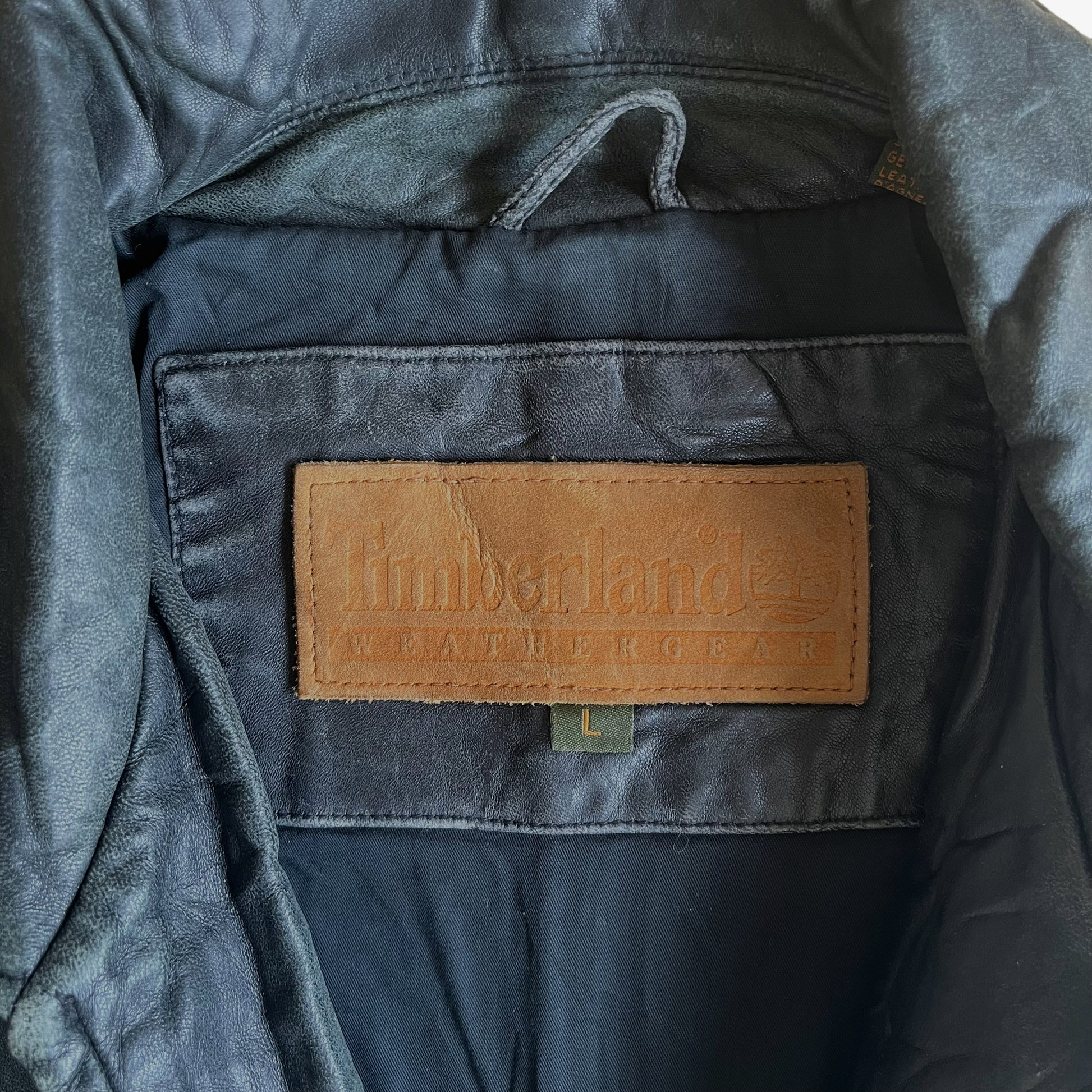 Vintage 90s Timberland Black Leather Coat Label - Casspios Dream