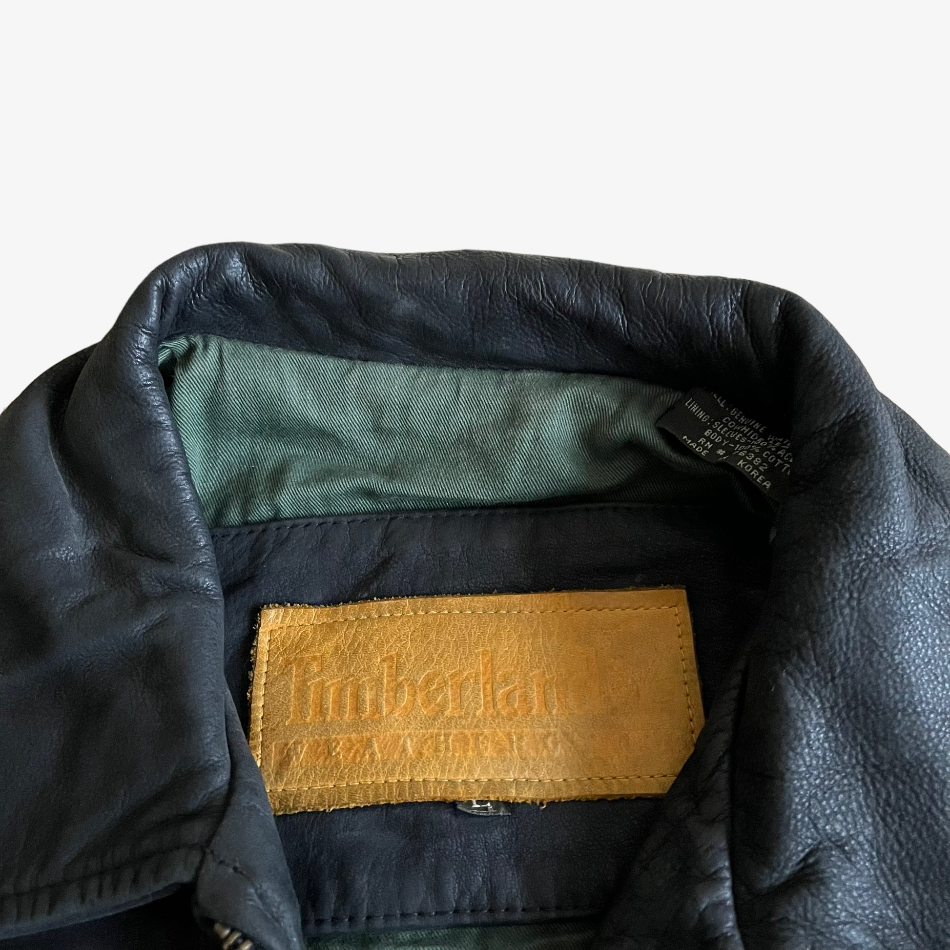 Vintage 90s Timberland Black Leather Driving Jacket Label - Casspios Dream