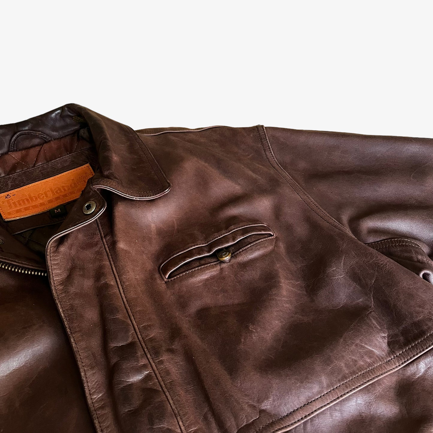 Vintage 90s Timberland Brown Leather Jacket Pocket - Casspios Dream