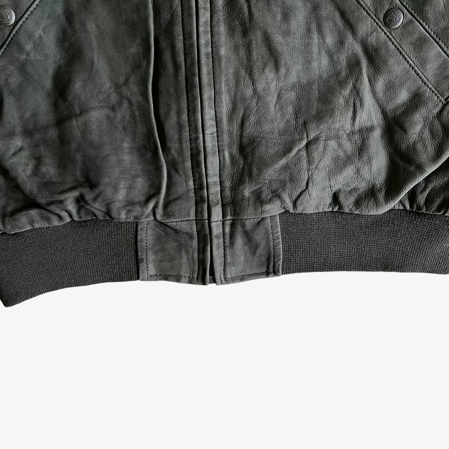 Vintage 90s Timberland Green Leather Driving Jacket Hem - Casspios Dream