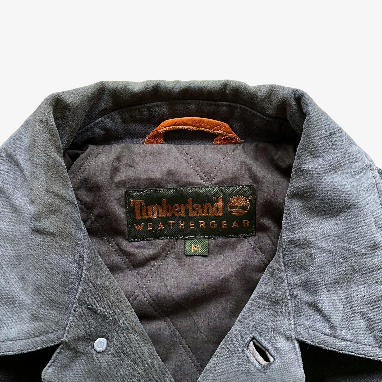 Vintage 90s Timberland Grey Thick Cotton And Leather Trucker Jacket Label - Casspios Dream