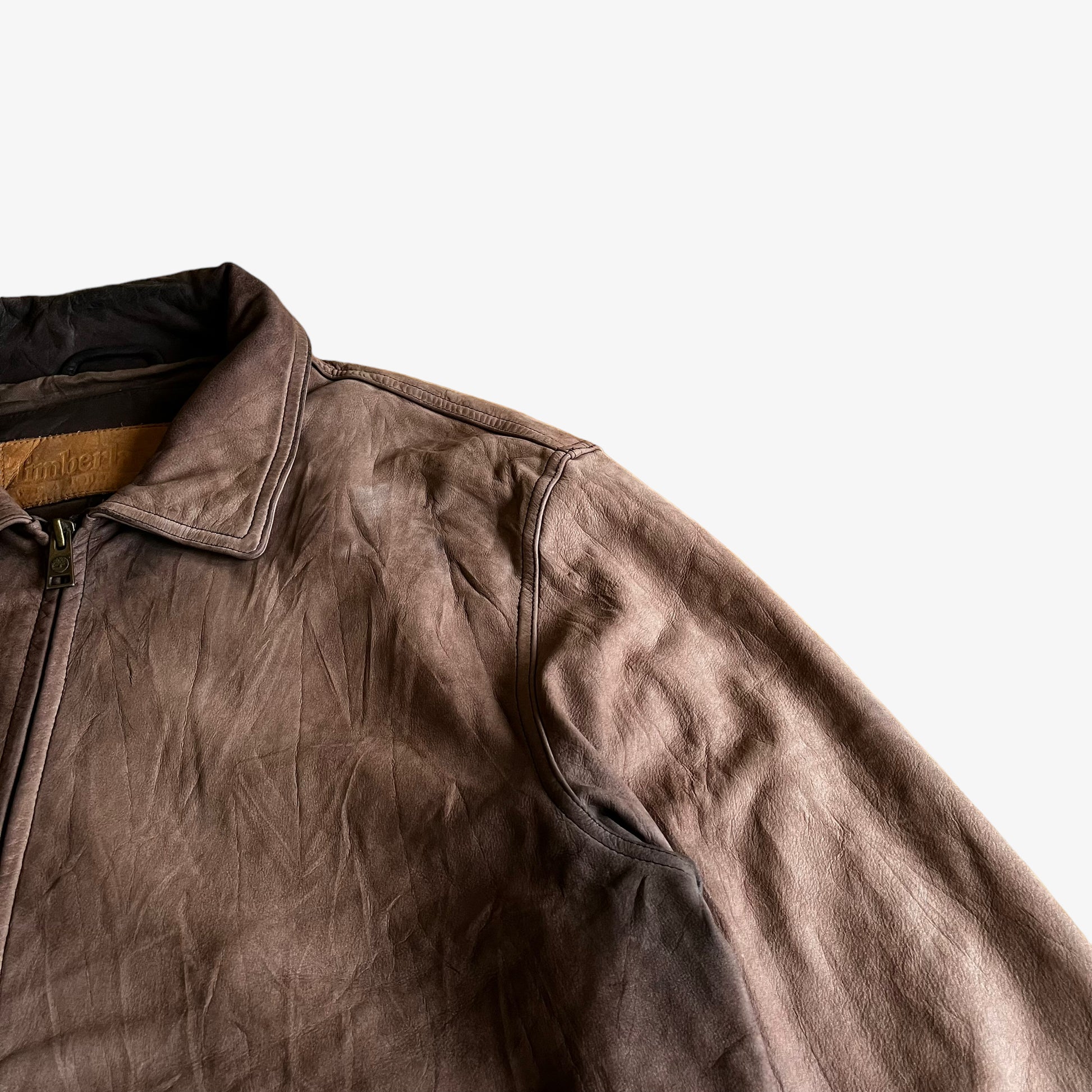 Vintage 90s Timberland Pale Brown Leather Driving Jacket Shoulder - Casspios Dream
