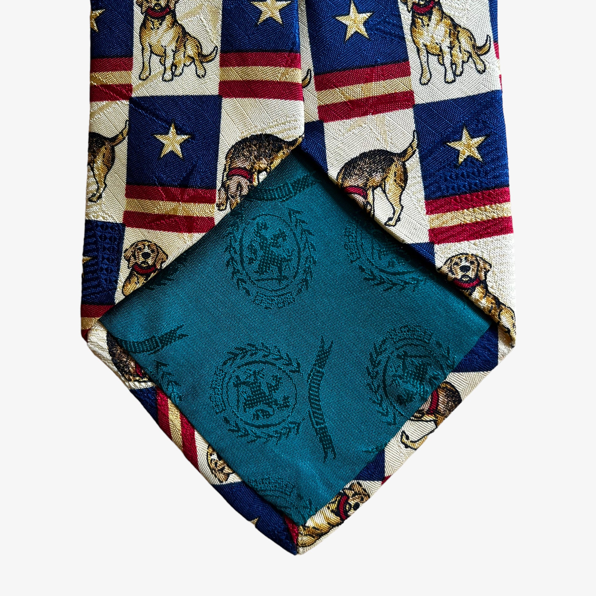 Vintage 90s Tommy Hilfiger American Flag Dog Print Silk Tie Back - Casspios Dream