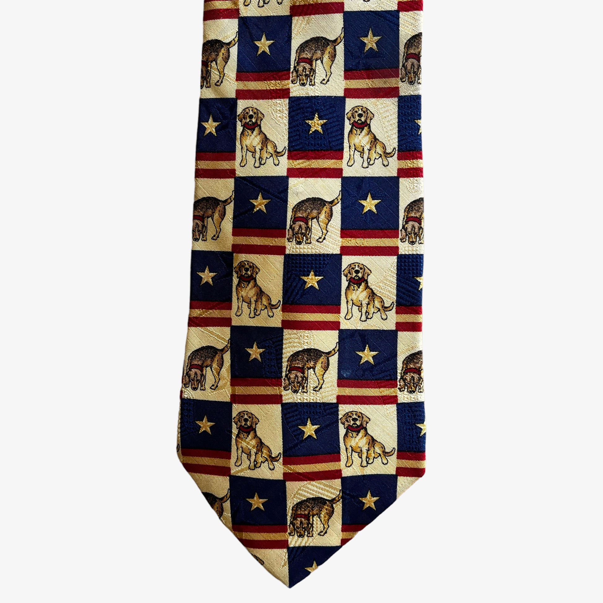 Vintage 90s Tommy Hilfiger American Flag Dog Print Silk Tie Beagle - Casspios Dream