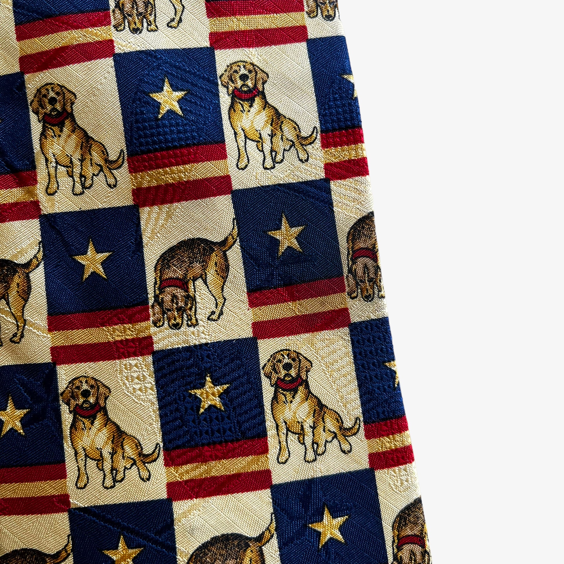 Vintage 90s Tommy Hilfiger American Flag Dog Print Silk Tie Wear - Casspios Dream