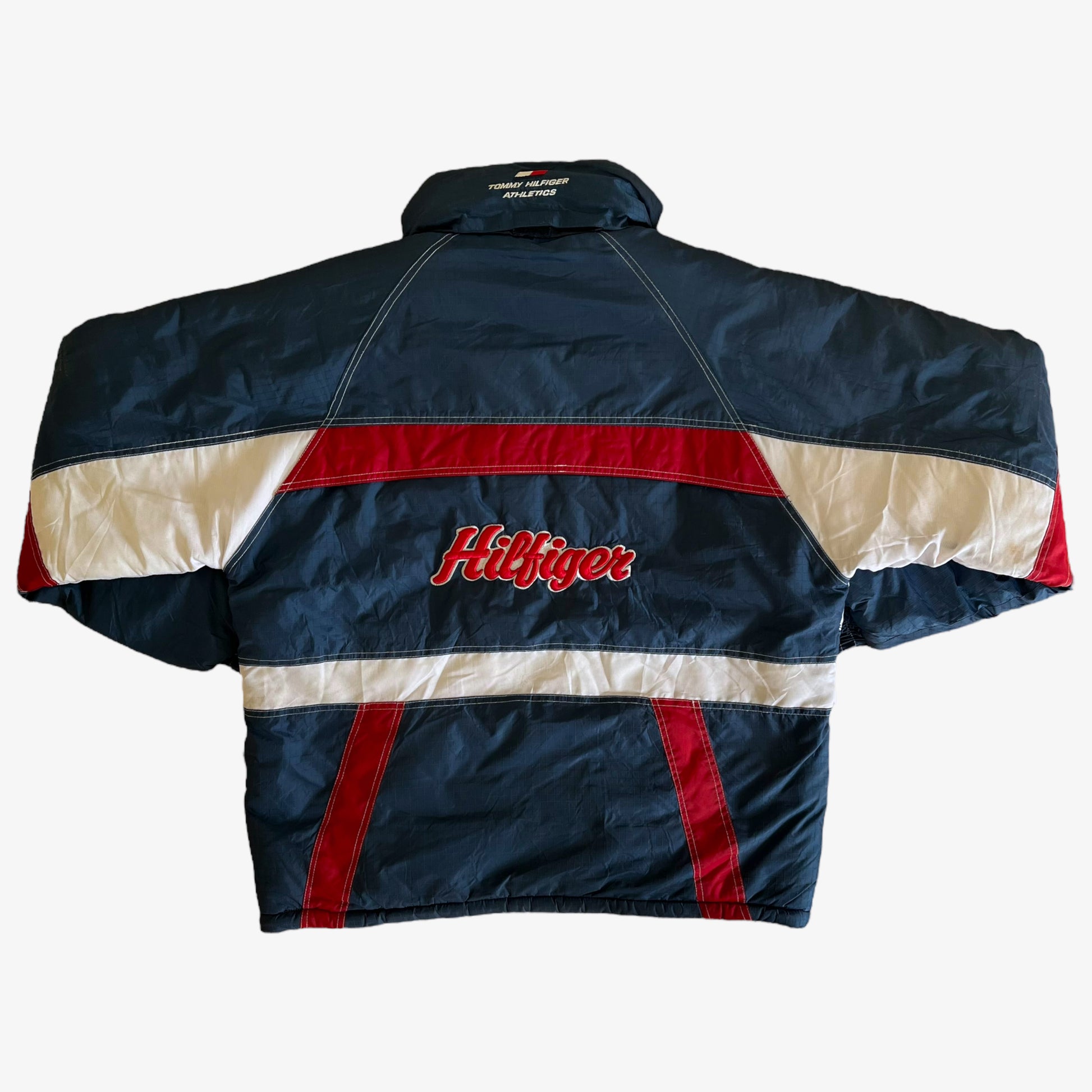 Vintage 90s Tommy Hilfiger Athletics Reversible Spell Out Puffer Jacket Back - Casspios Dream