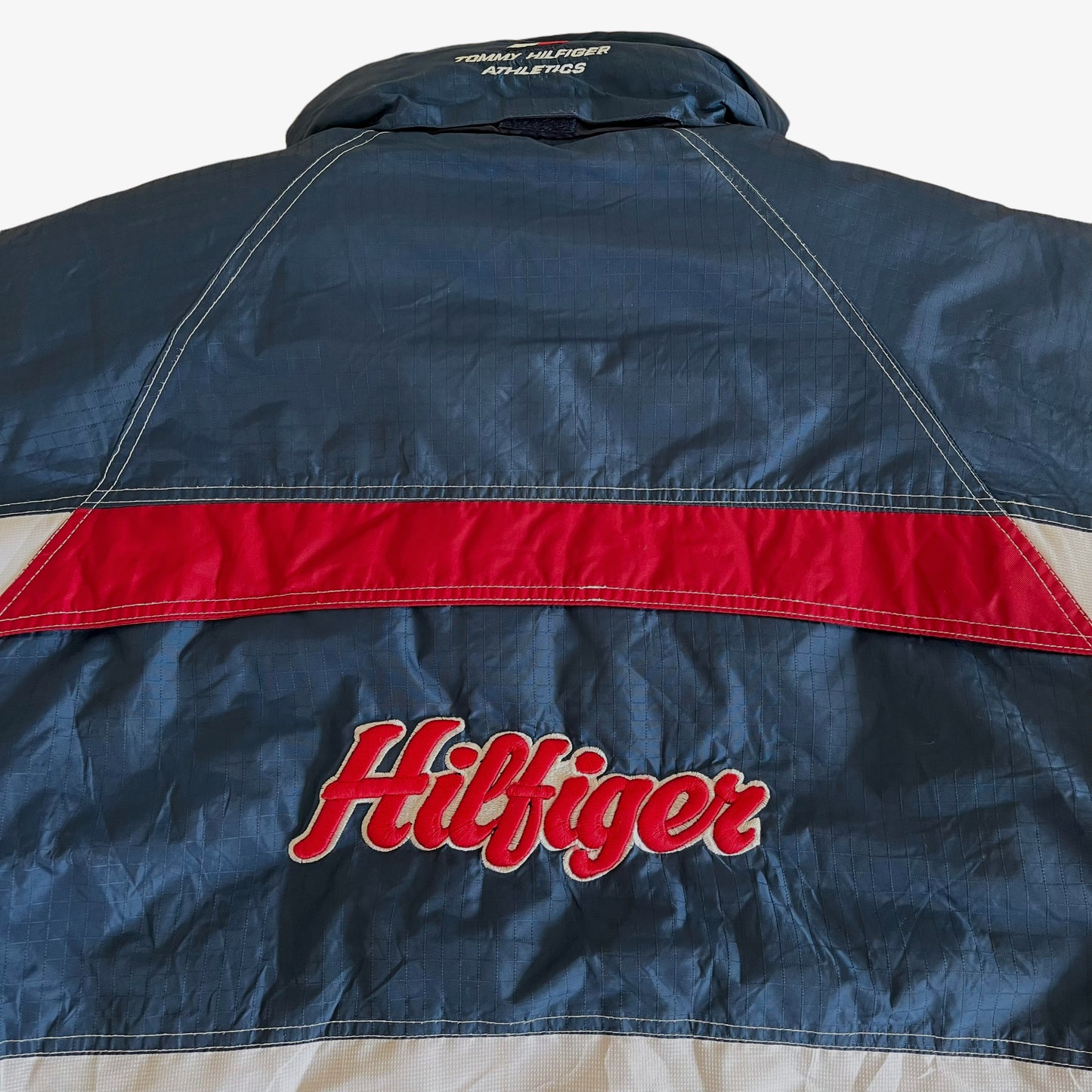 Vintage 90s Tommy Hilfiger Athletics Reversible Spell Out Puffer Jacket Back Logo - Casspios Dream