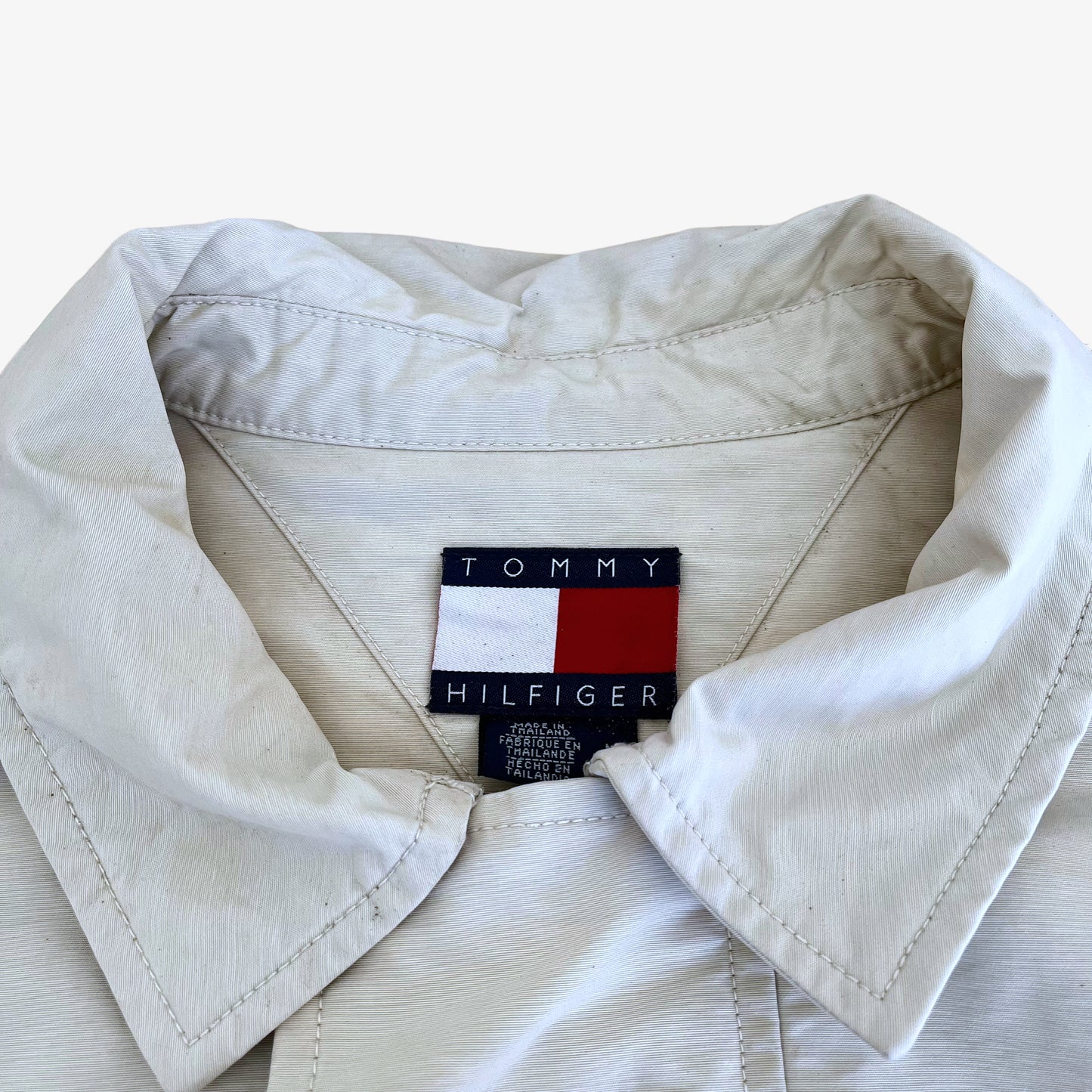 Vintage 90s Tommy Hilfiger White Utility Trench Coat Label - Casspios Dream