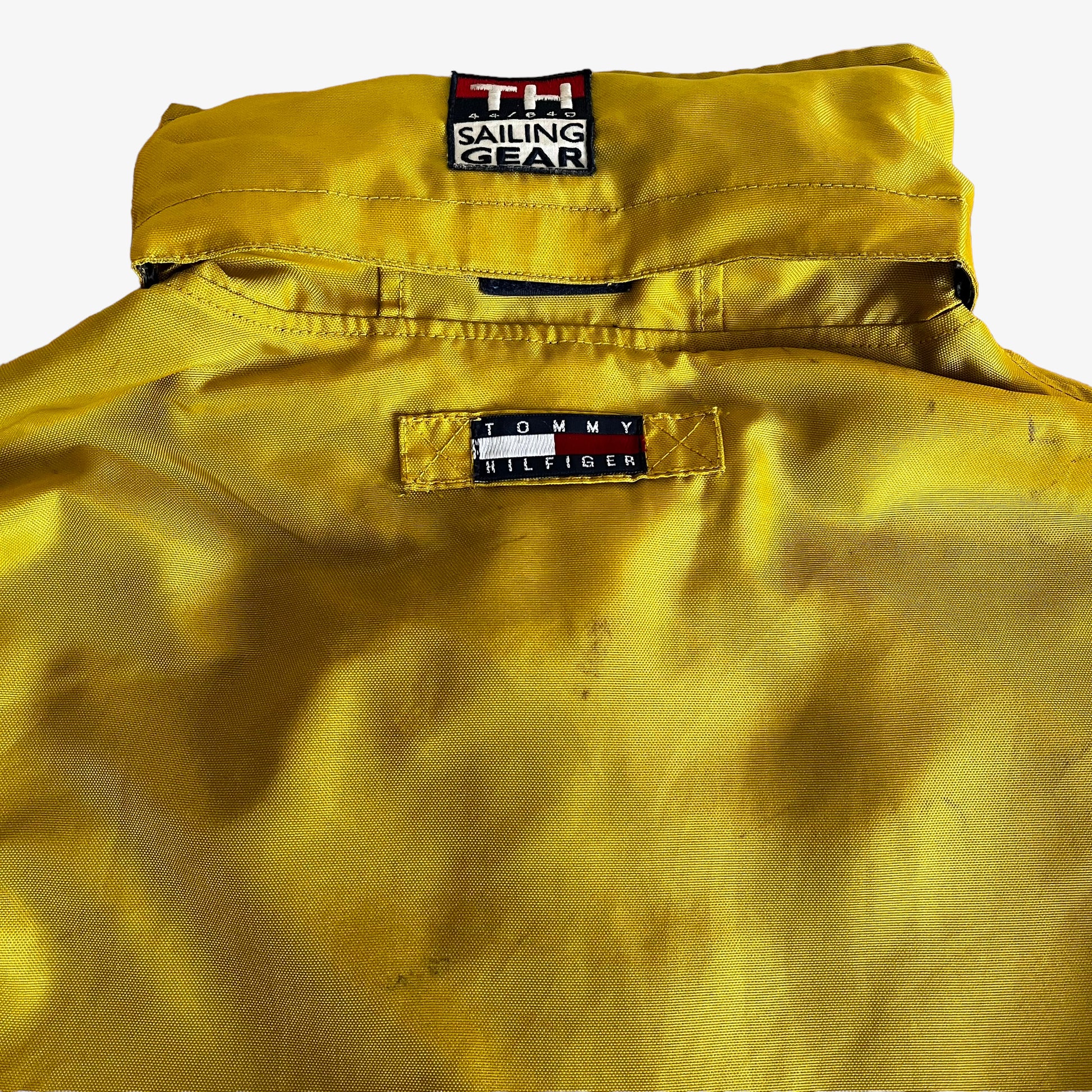 Vintage 90s Tommy Hilfiger Yellow Sailing Gear Jacket With Hook Fasteners Back Logo - Casspios Dream