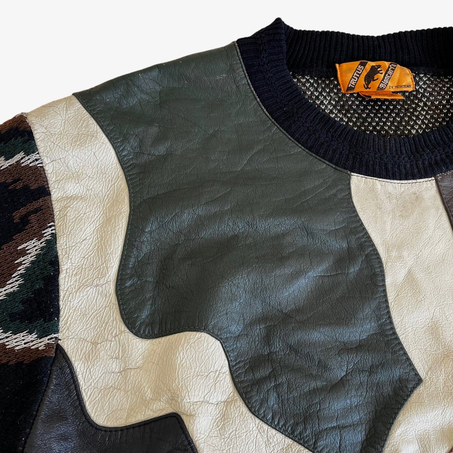 Vintage 90s Trutus Biancarra By Monobaik Leather Patch Knitted Jumper Shoulder - Casspios Dream