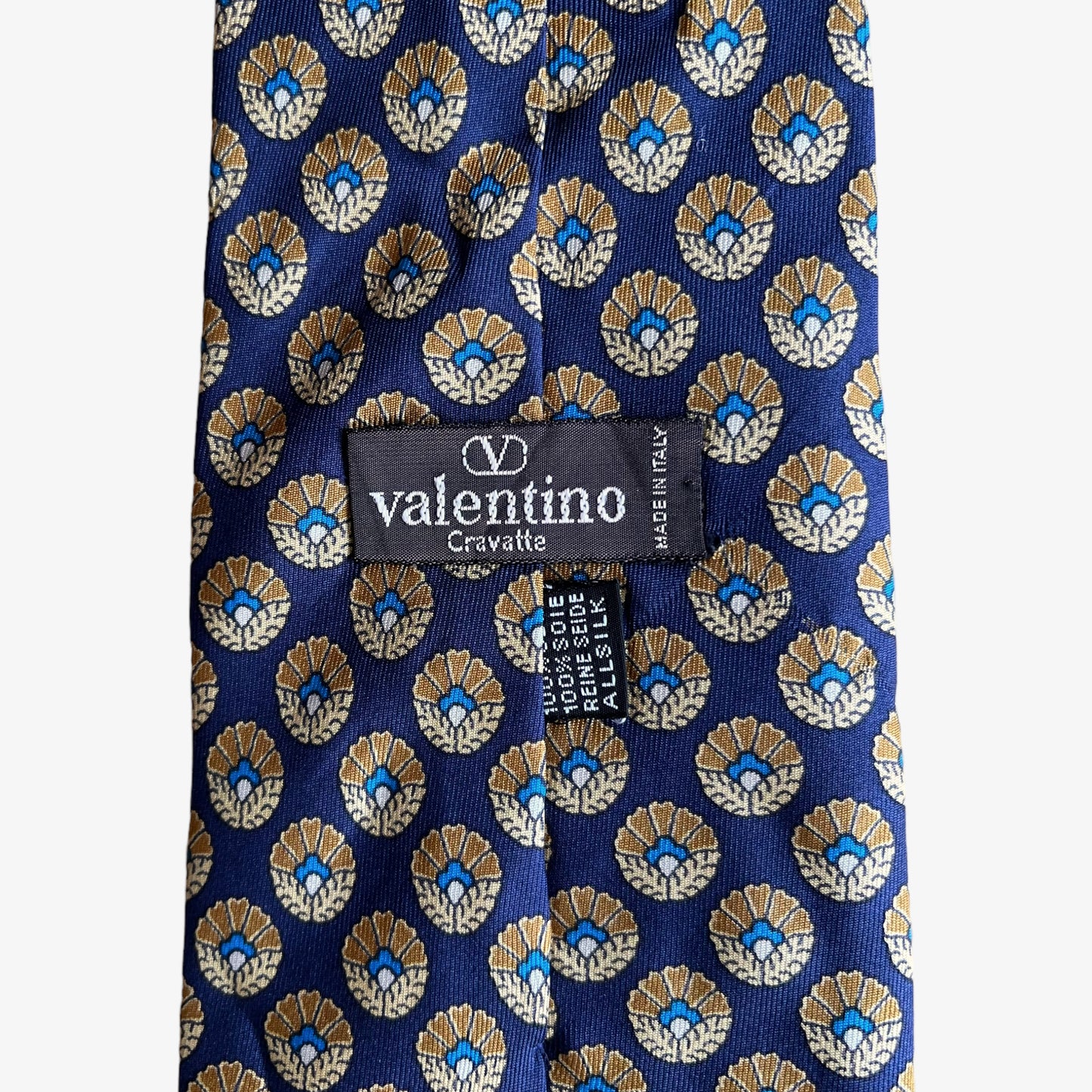 Vintage 90s Valentino Art Deco Shell Pearl Print Silk Tie Label - Casspios Dream