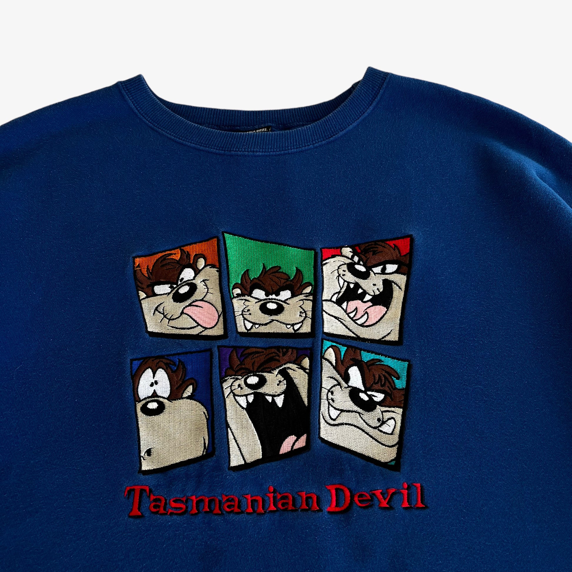 Vintage 90s Warner Bros 1996 Looney Tunes Tasmanian Devil Taz Blue Crewneck Sweatshirt Embroidered - Casspios Dream