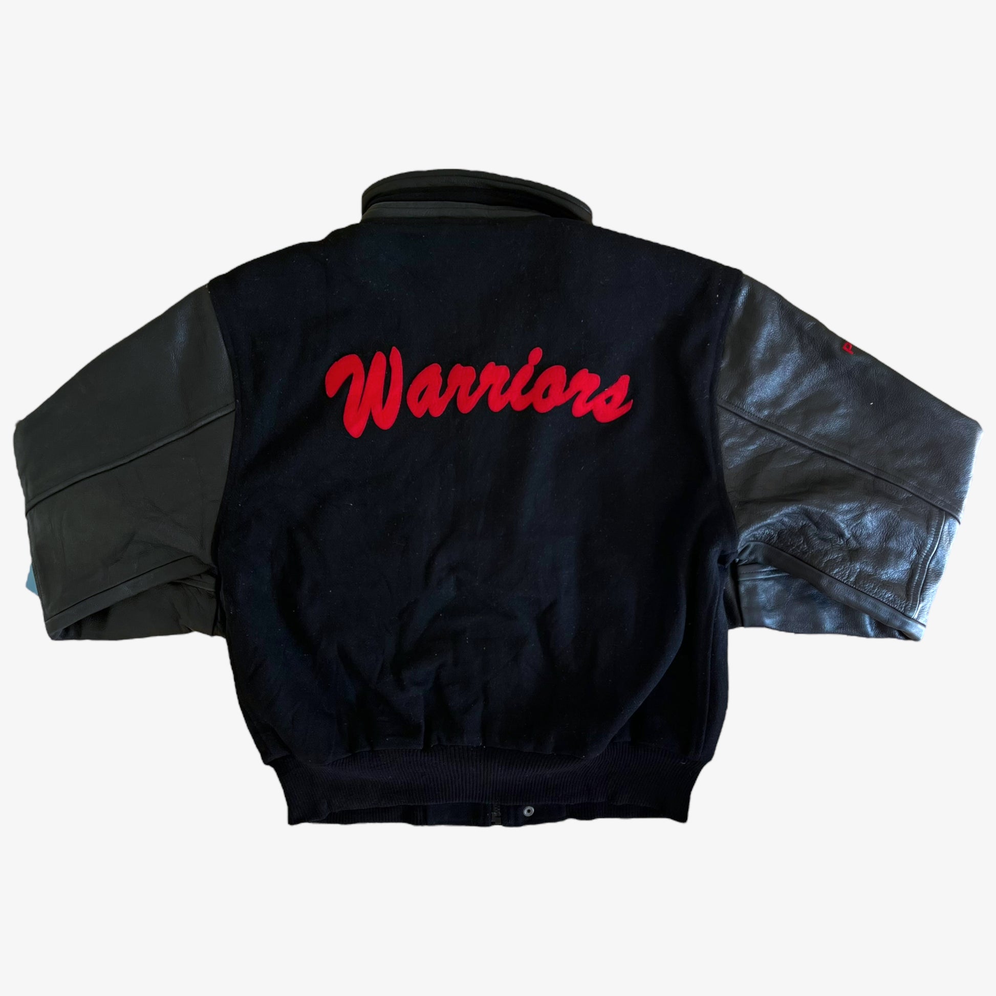 Vintage 90s Warriors Black Leather Varsity Jacket Back - Casspios Dream