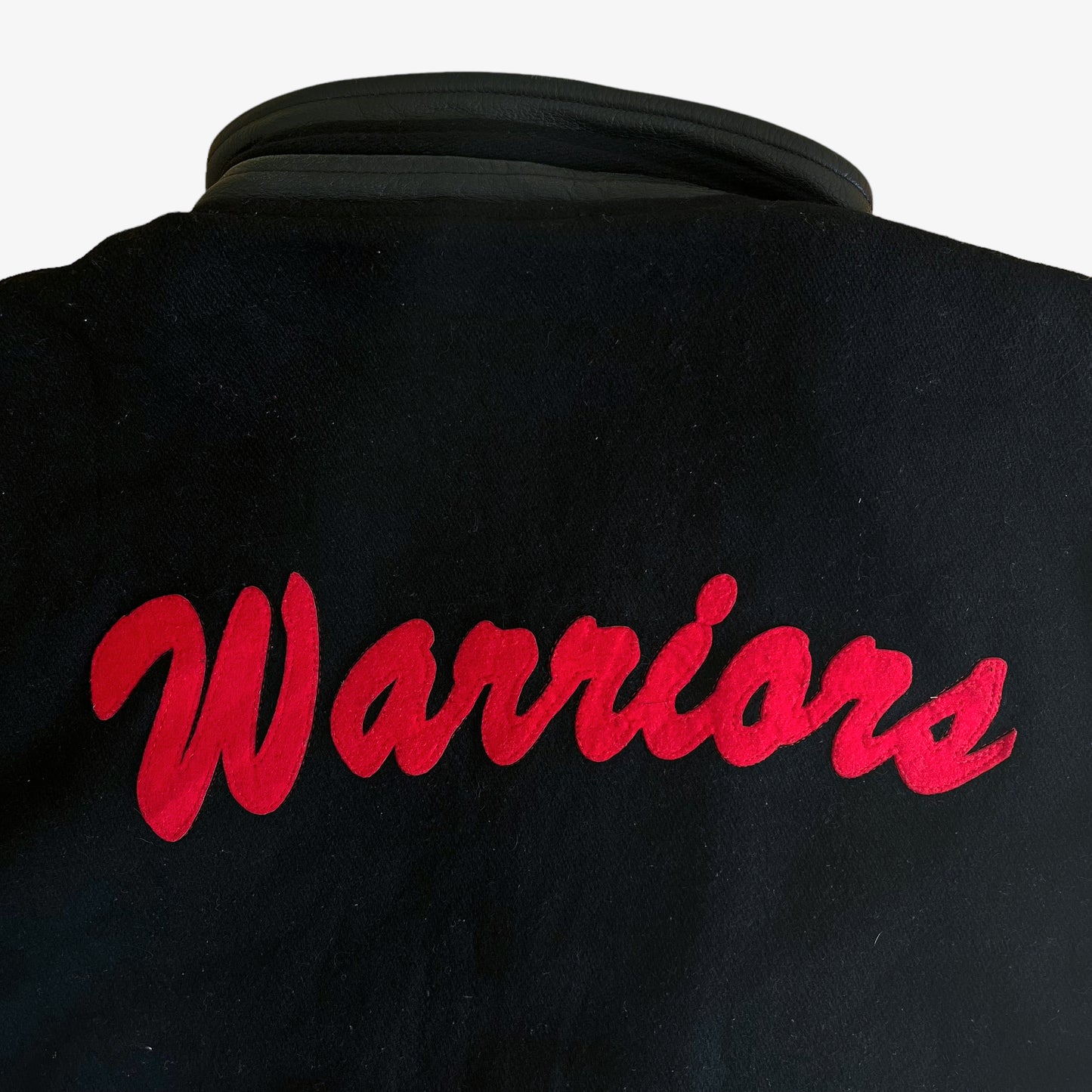 Vintage 90s Warriors Black Leather Varsity Jacket Spell Out - Casspios Dream