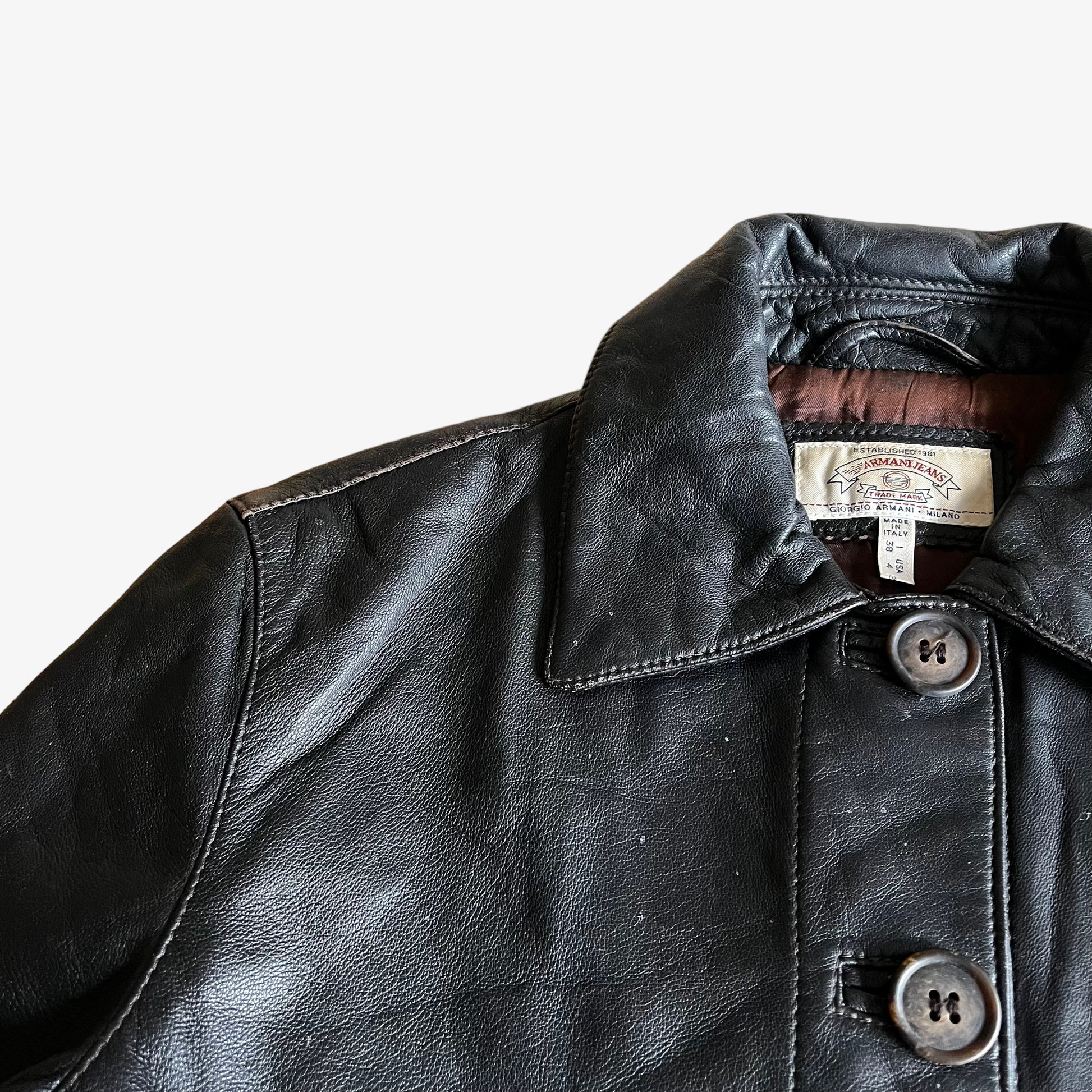 Vintage 90s Womens Armani Jeans Black Leather Jacket Collar - Casspios Dream