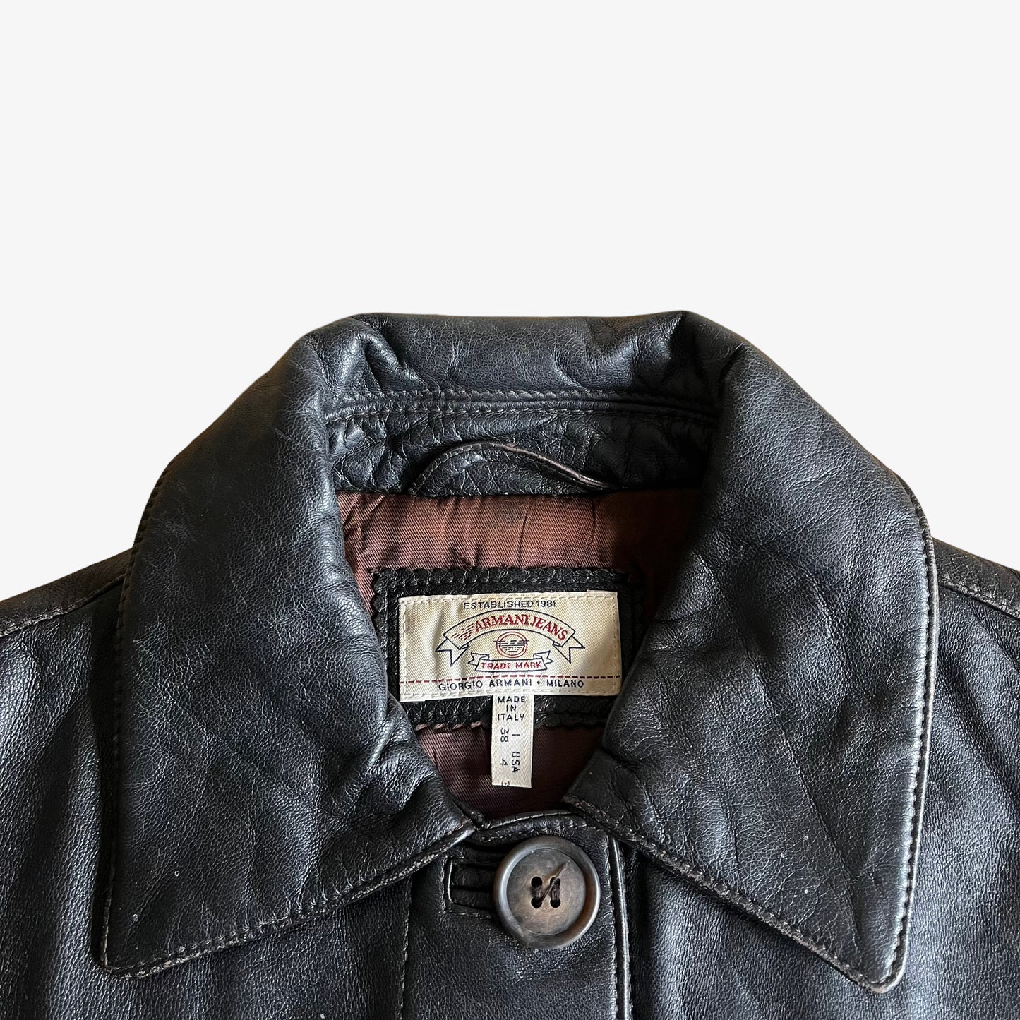 Vintage 90s Womens Armani Jeans Black Leather Jacket Label - Casspios Dream