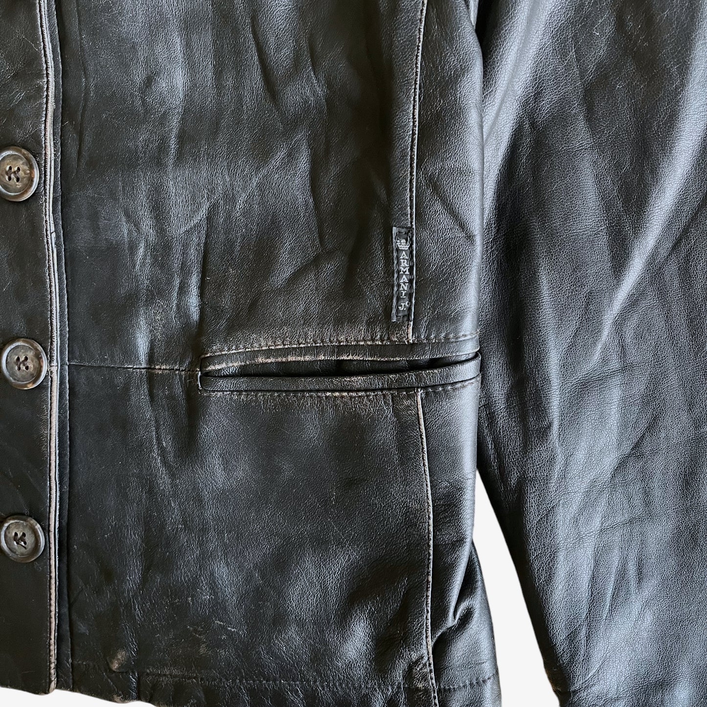 Vintage 90s Womens Armani Jeans Black Leather Jacket Tag - Casspios Dream