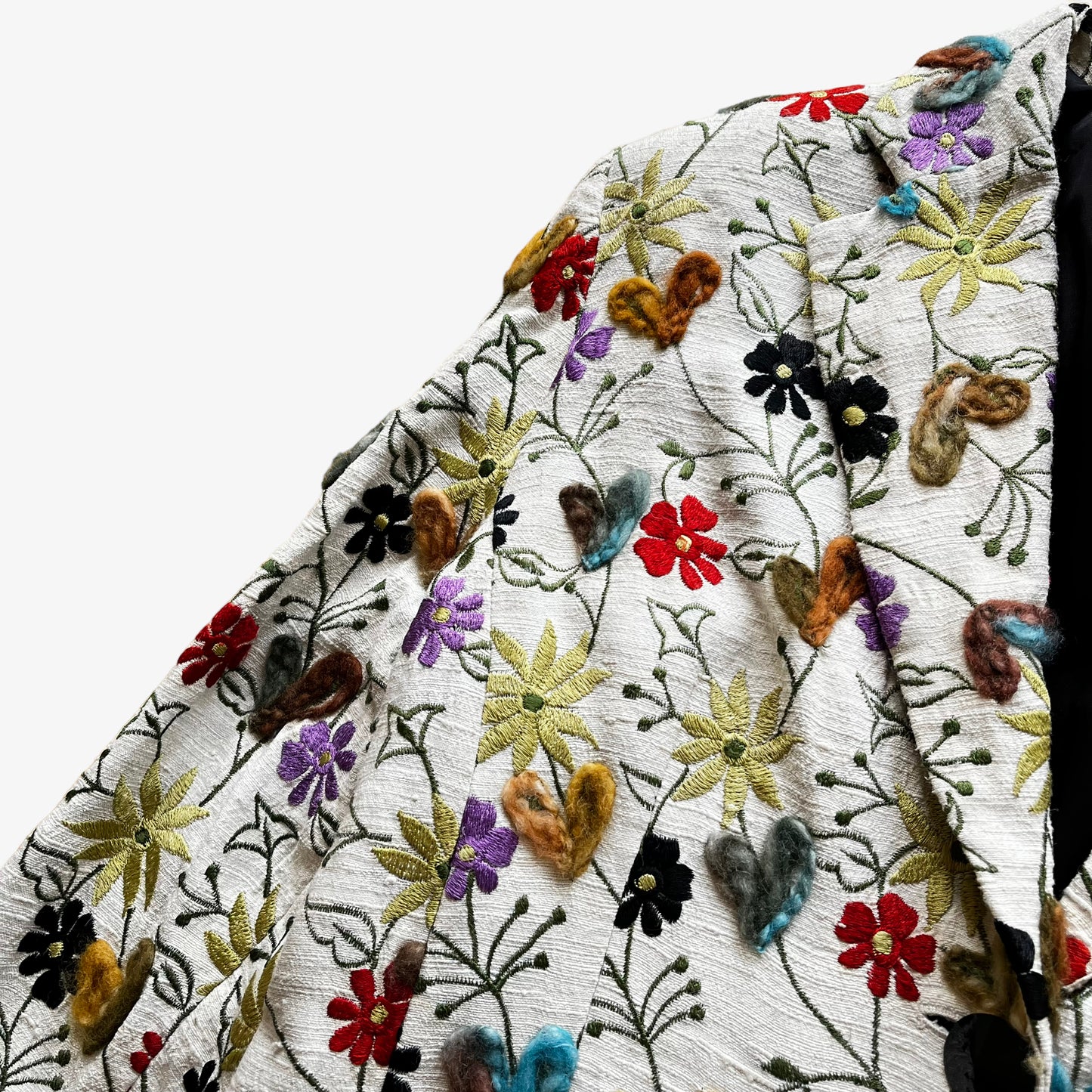 Vintage 90s Womens Brunella 3D Textured Embroidered Flower Silk Blazer Shoulder - Casspios Dream