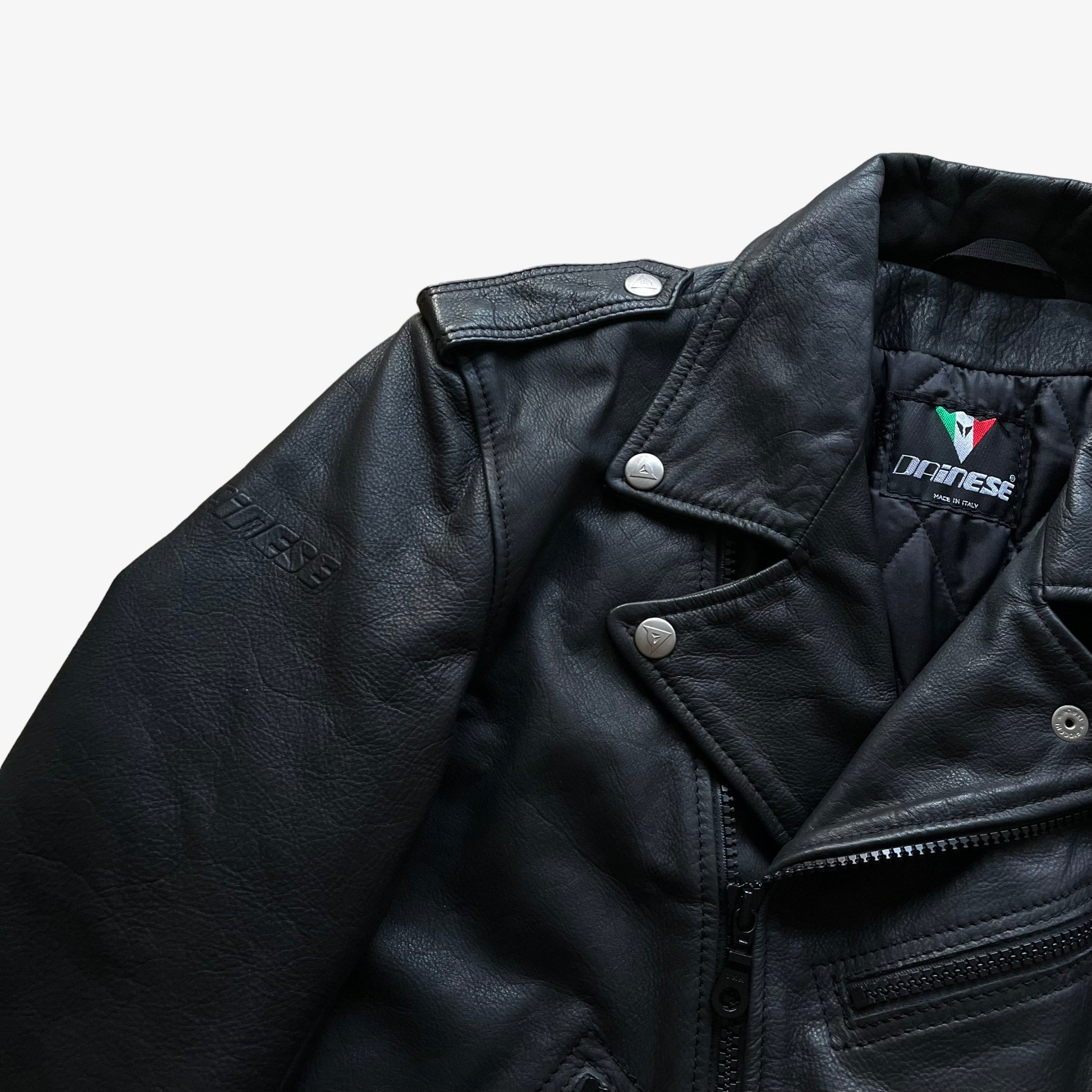 Vintage 90s Womens Dainese Black Leather Biker Jacket Button - Casspios Dream