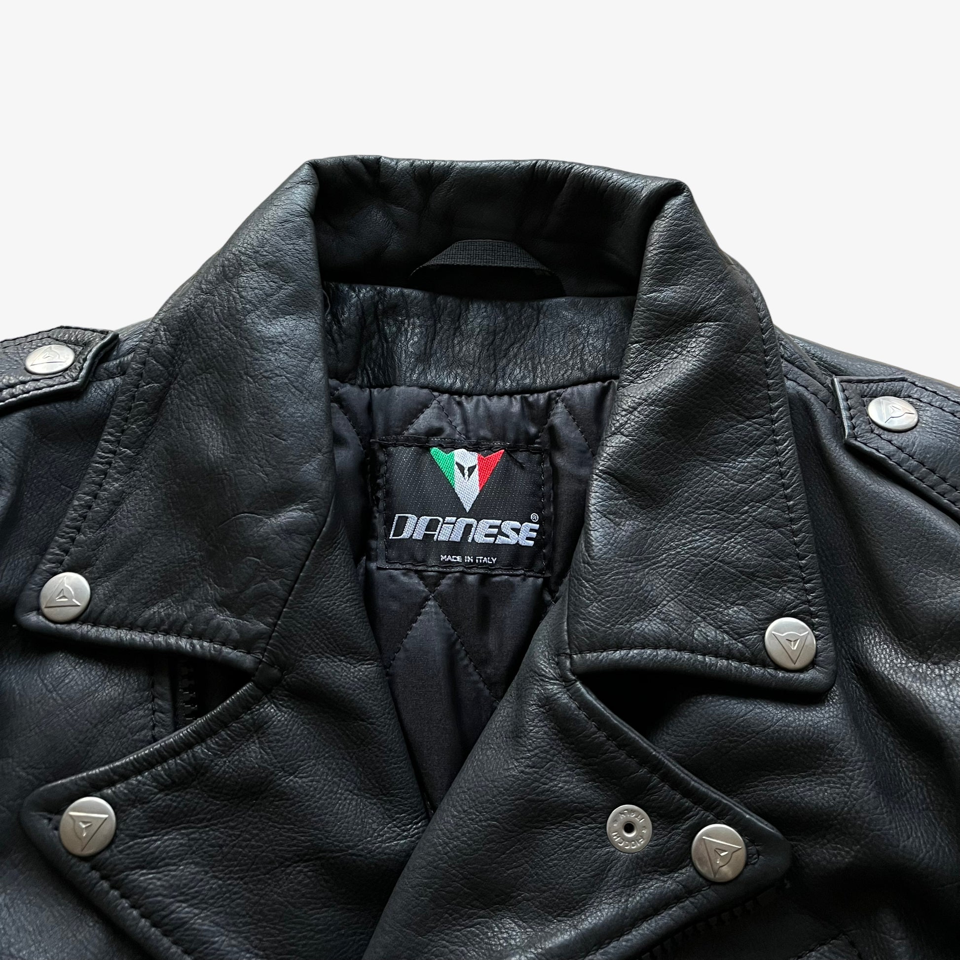 Vintage 90s Womens Dainese Black Leather Biker Jacket Label - Casspios Dream