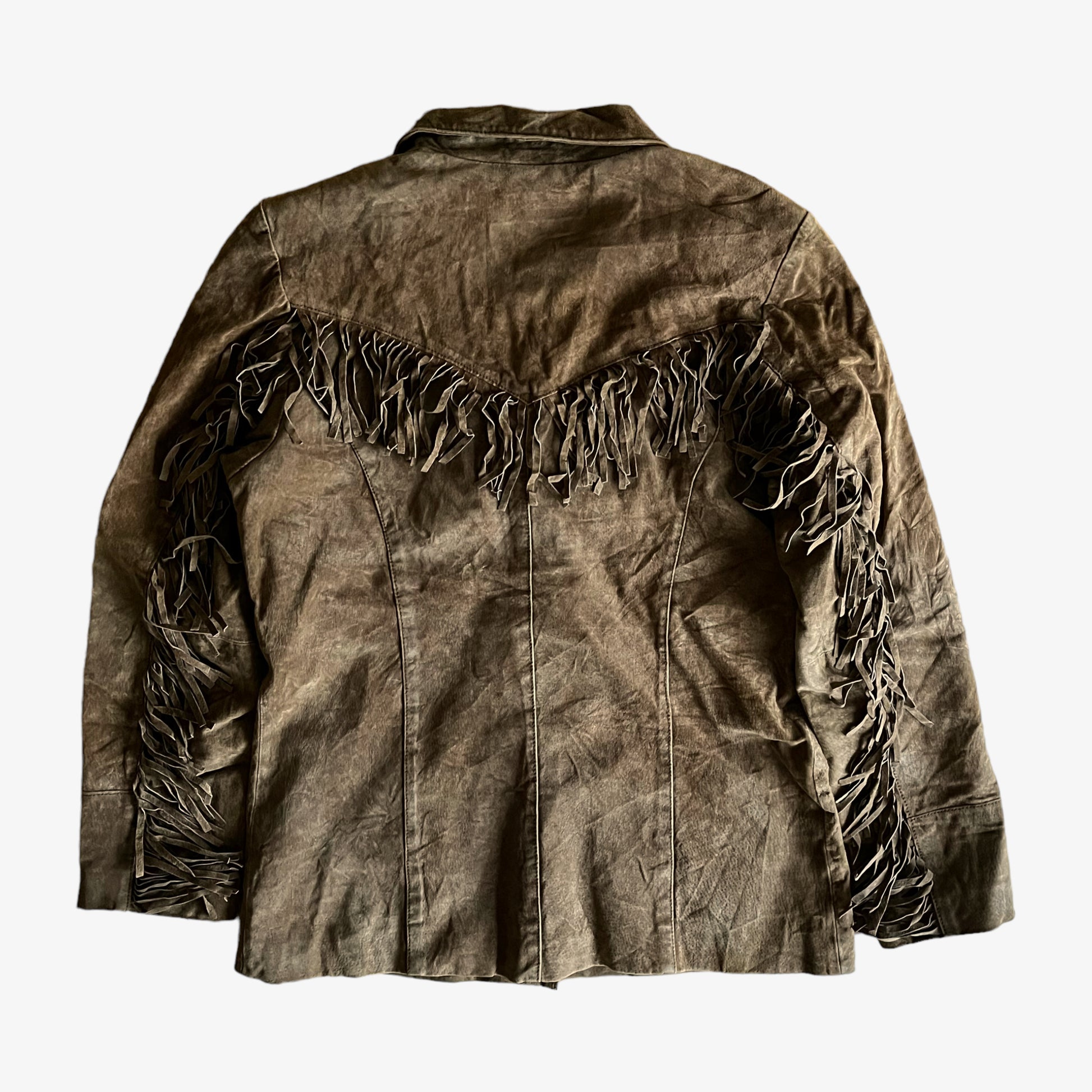 Vintage 90s Womens Denim Co Brown Leather Tassel Jacket Back - Casspios Dream