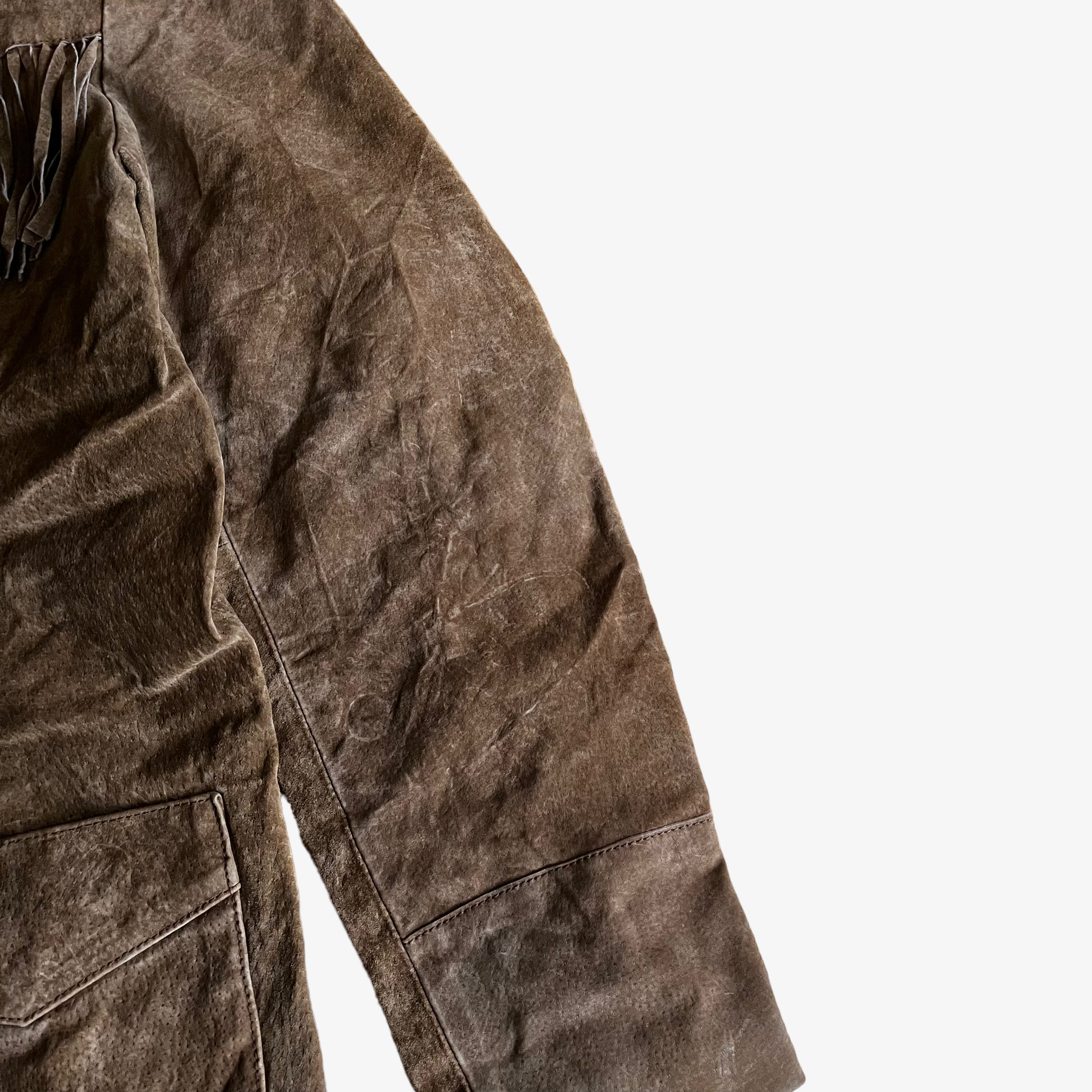 Vintage 90s Womens Denim Co Brown Leather Tassel Jacket Sleeve - Casspios Dream