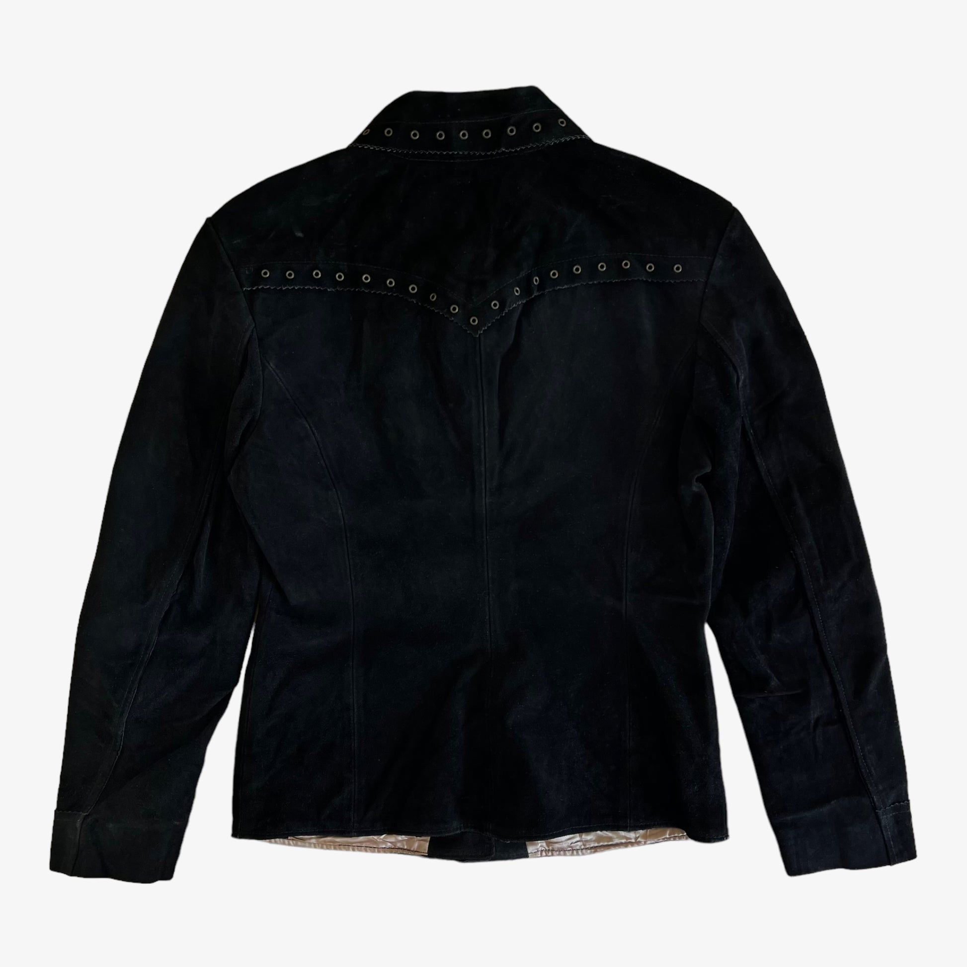 Vintage 90s Womens Diesel Hearts Studded Black Leather Jacket Back - Casspios Dream
