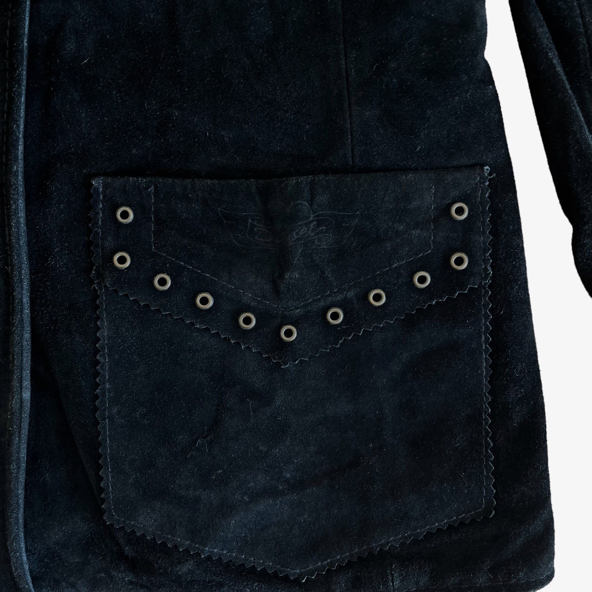 Vintage 90s Womens Diesel Hearts Studded Black Leather Jacket Pocket - Casspios Dream