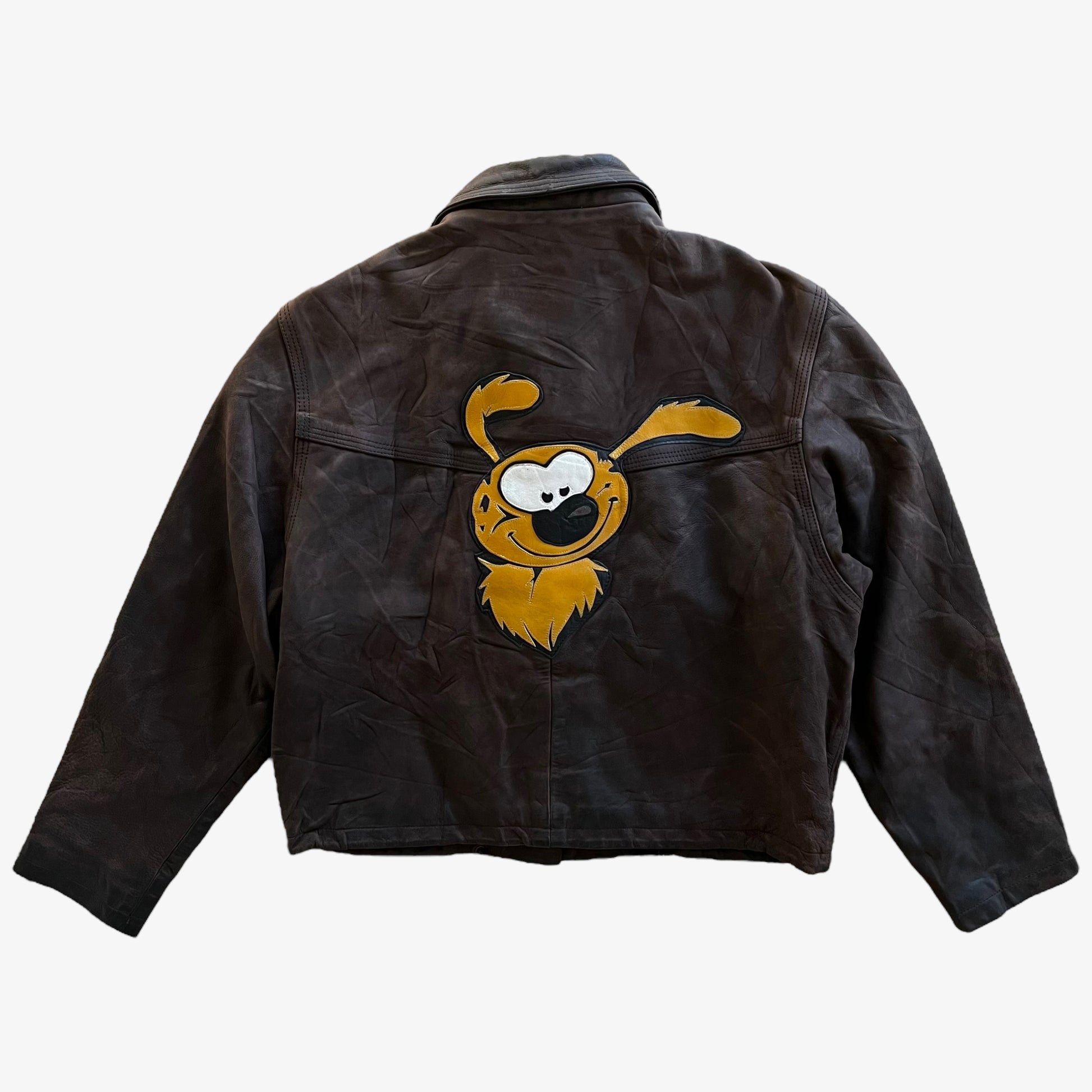 Vintage 90s Womens Flying Squad Brown Leather Pilot Jacket With Back Cartoon Dog Patch Back - Casspios Dream
