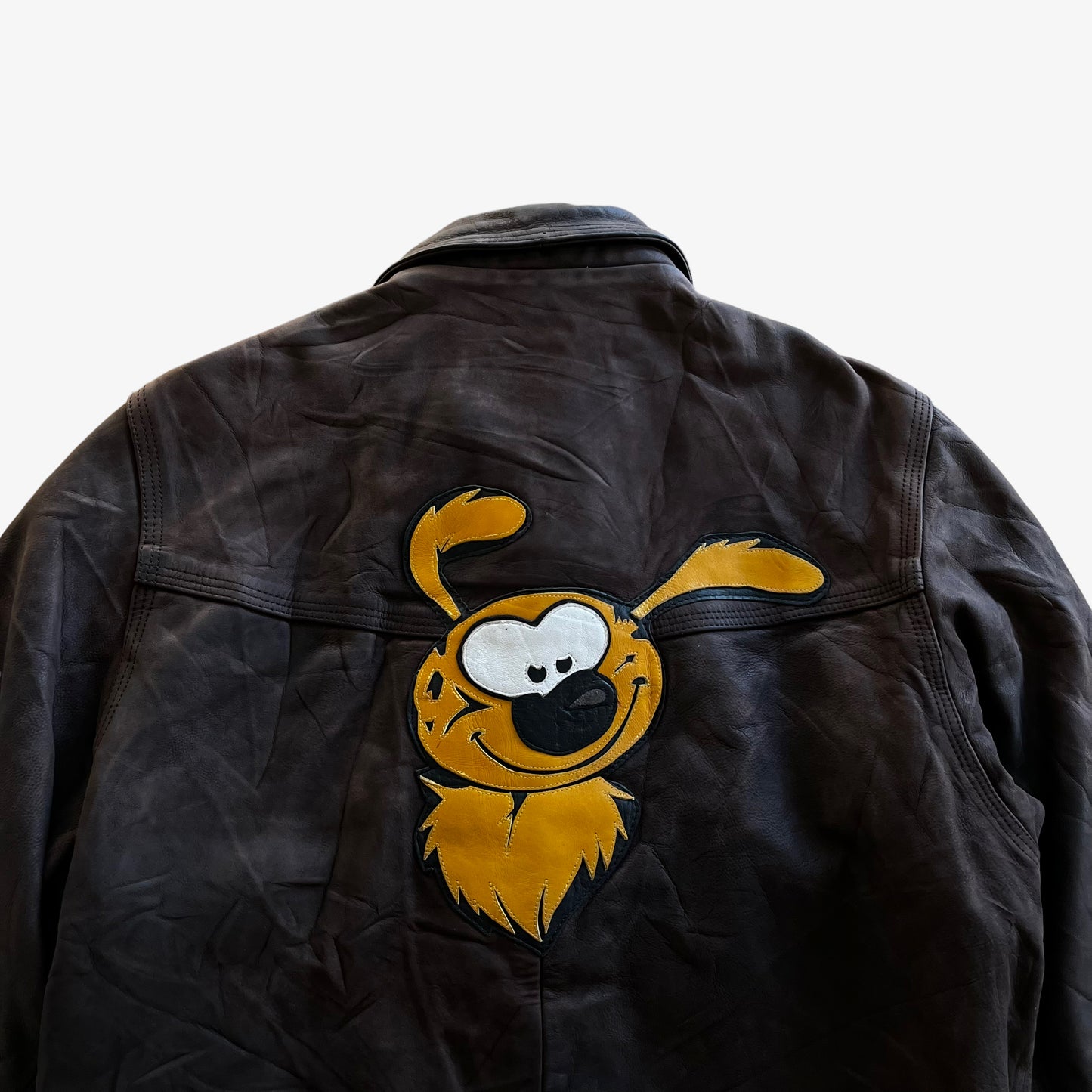 Vintage 90s Womens Flying Squad Brown Leather Pilot Jacket With Back Cartoon Dog Patch Logo - Casspios Dream