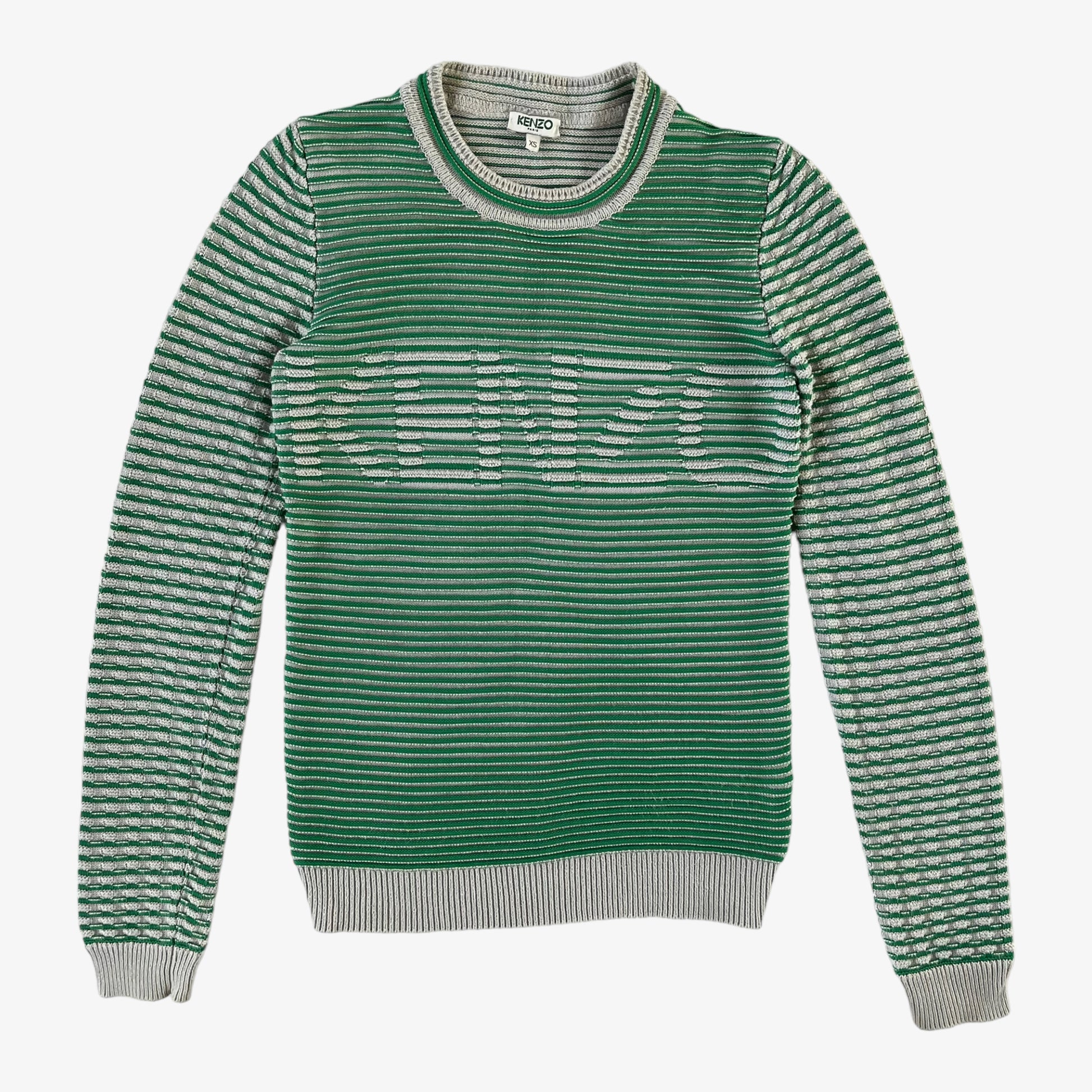 Vintage 90s Womens Kenzo Paris Green Ribbed Spell Out Jumper - Casspios Dream