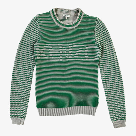 Vintage 90s Womens Kenzo Paris Green Ribbed Spell Out Jumper - Casspios Dream