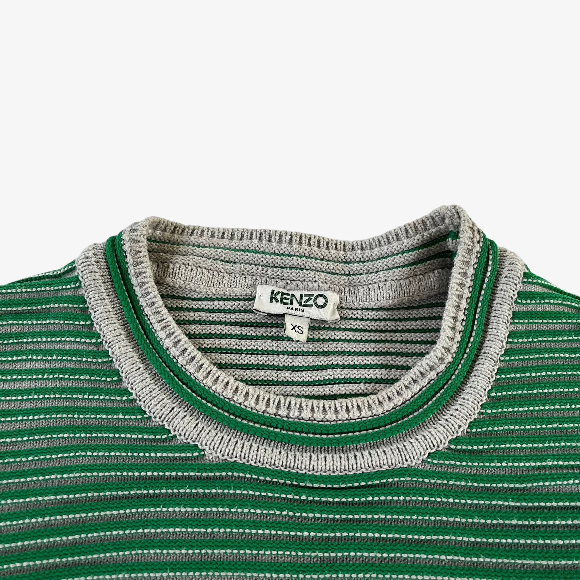 Vintage 90s Womens Kenzo Paris Green Ribbed Spell Out Jumper Label - Casspios Dream
