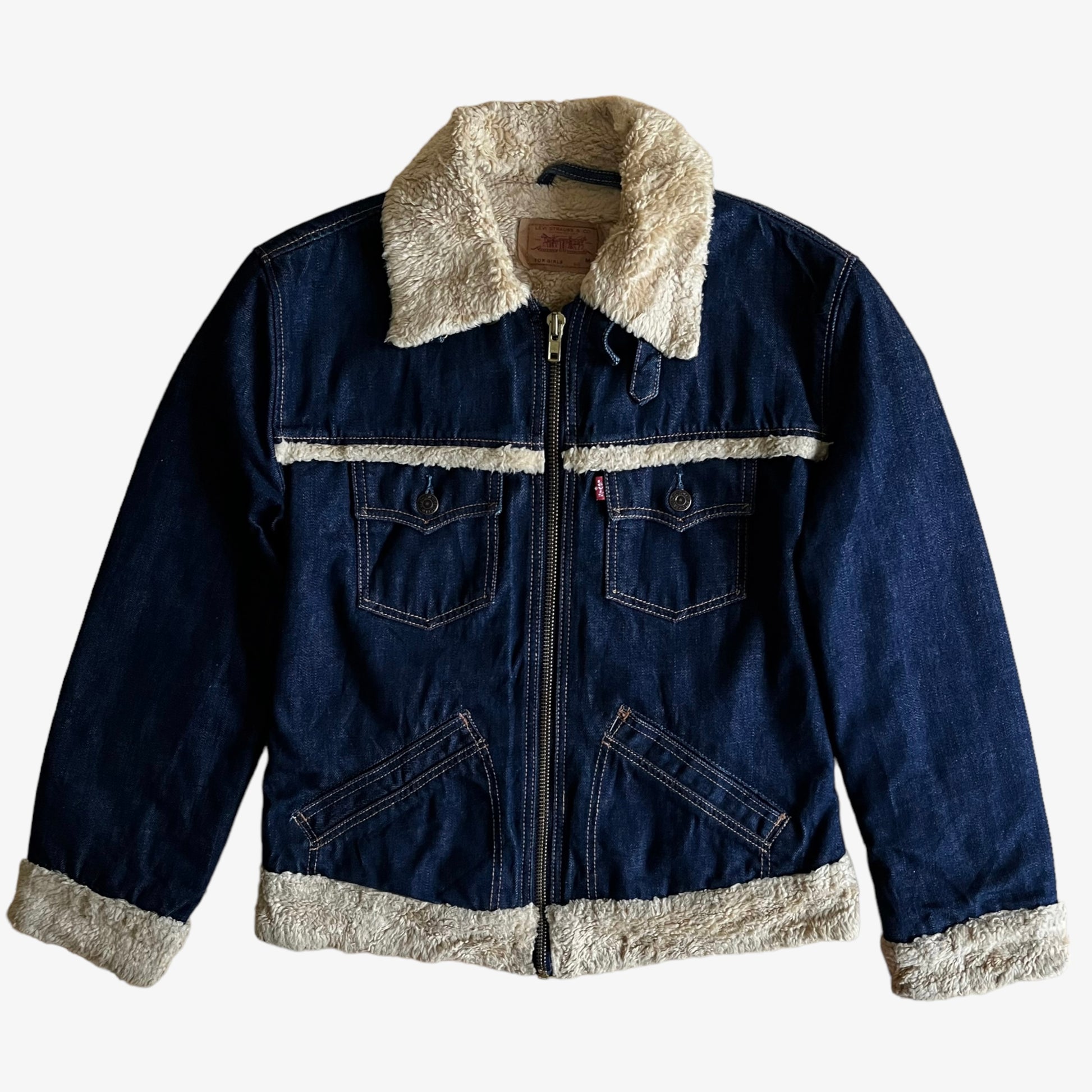 Vintage 90s Womens Levis Navy Denim Trucker Jacket With Faux Fur Lining - Casspios Dream