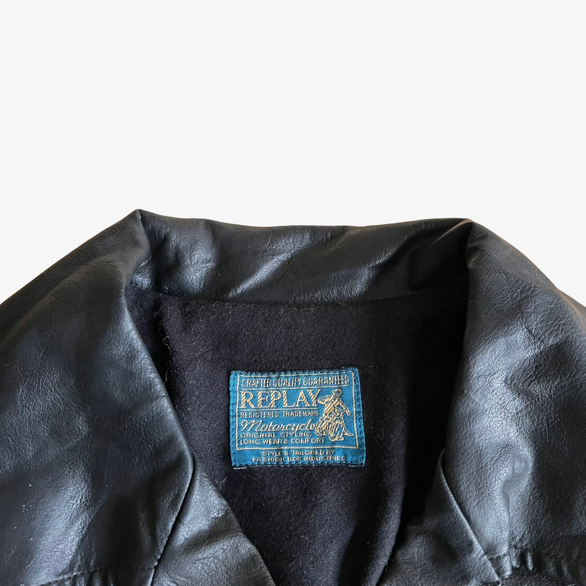 Vintage 90s Womens Replay Black Leather Biker Jacket Label - Casspios Dream