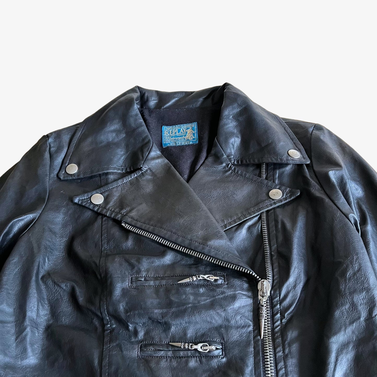 Vintage 90s Womens Replay Black Leather Biker Jacket Zips - Casspios Dream